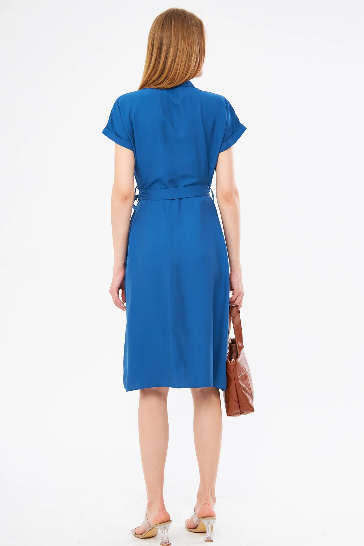 armonika  Dunkelblaues Kurzarm-Hemdkleid mit Gürtel für Damen ARM-19Y001068