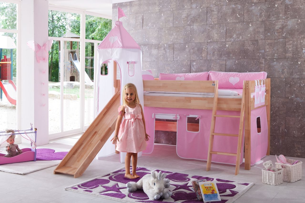 Relita Spielbett KIM 90x200cm, mit Rutsche,Turm Buche massiv natur lackiert Stoffset rosa/weiß/herz