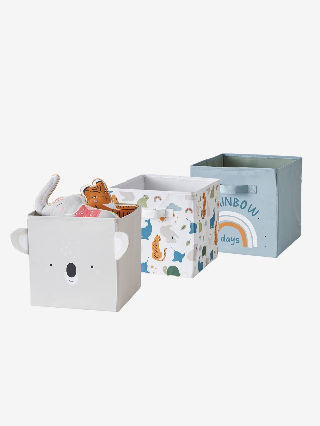 Lot de 3 bacs de rangement en tissu MINI ZOO bleu grisé