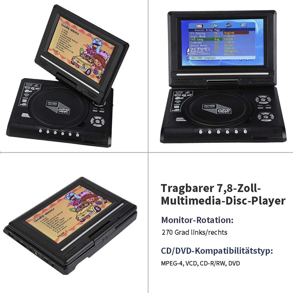 Yoyaxi Tragbarer 7,8-Zoll-DVD-Player,wiederaufladbar,Spielfunktion,AV-Ausgang Portabler DVD-Player (AVI EVD DVD SVCD VCD CD CD R RW MPEG 4, TV-Funktion)