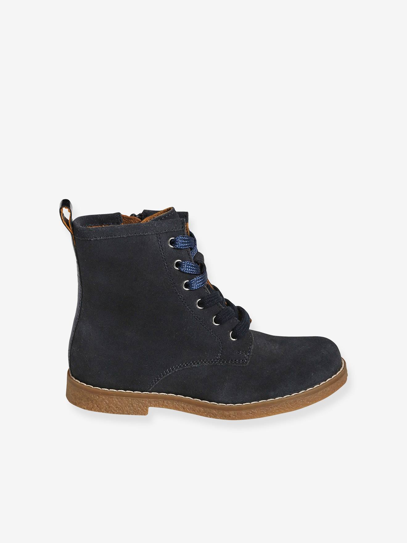 Bottines cuir fille à lacets + glissière bleu marine