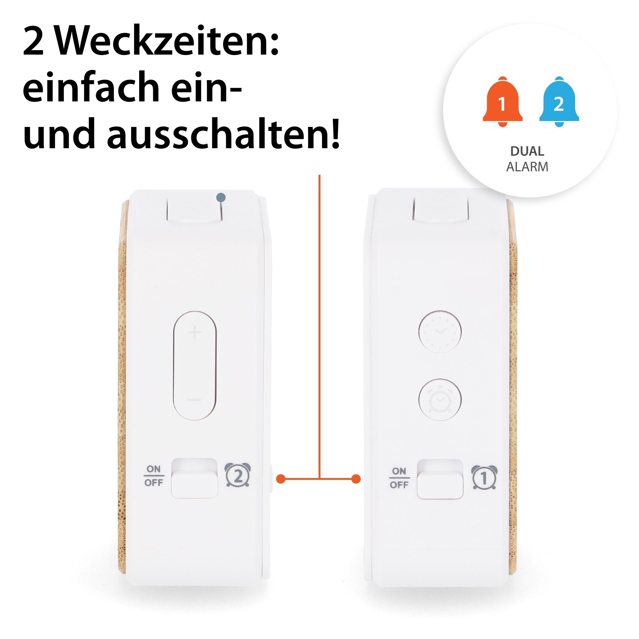 ADE Funkwecker Wecker digital funk mit Temperatur und Luftfeuchtigkeit automatischer Lichtsensor, 2 Weckzeiten, Schlummerfunktion