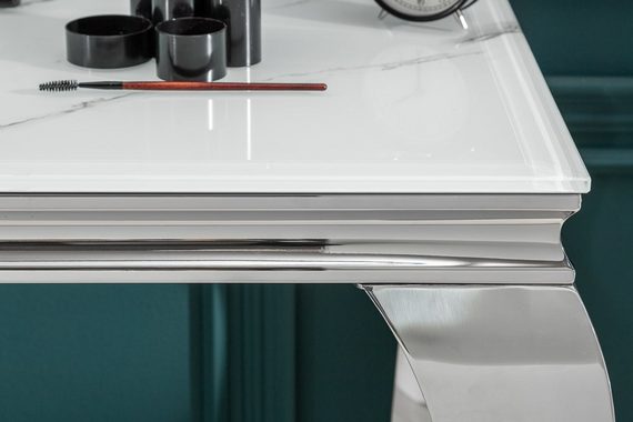 riess-ambiente Konsolentisch MODERN BAROCK 145cm grau / weiß, Glastisch · Marmor-Optik · Edelstahl-Beine