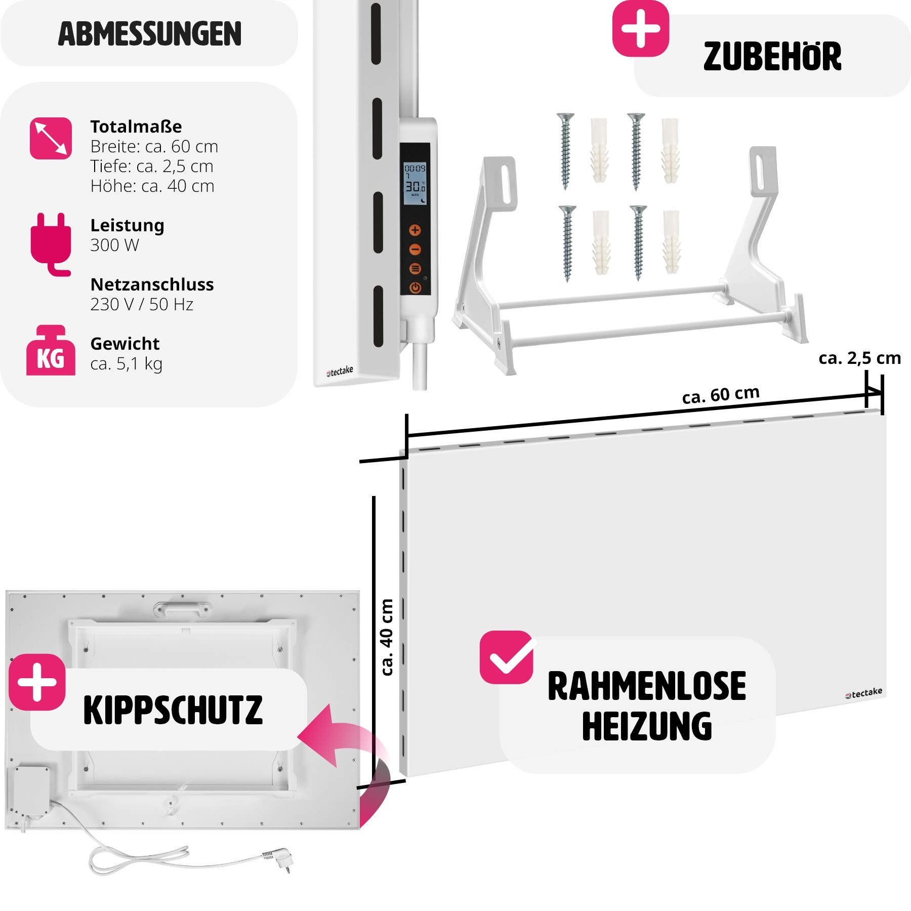tectake Heizkörper Hybrid-Infrarotheizung mit Thermostat & Kippschutz