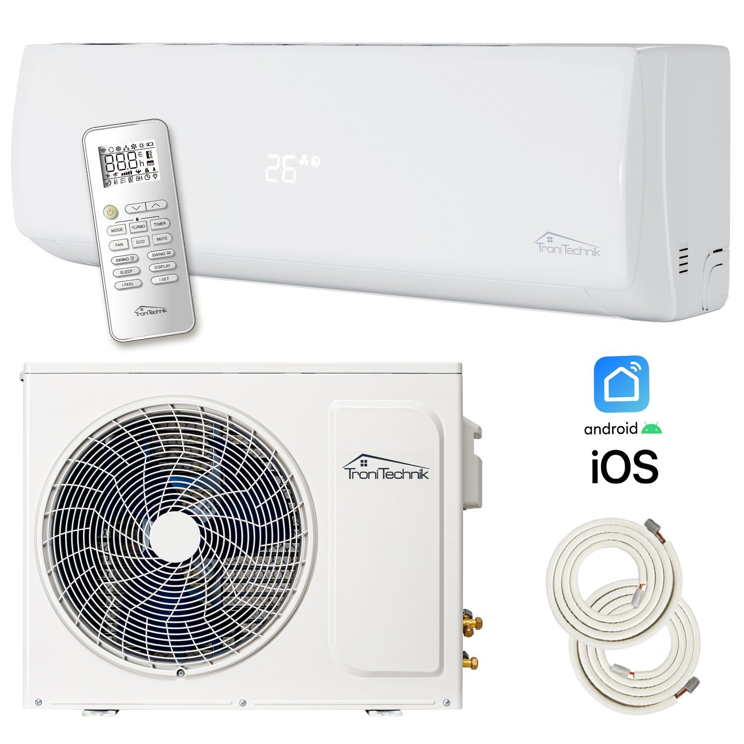 TroniTechnik Split-Klimagerät Dalvik II 9000 Inverter,inkl. Zubehör, App Steuerung, Vorbefüllt, Kühlung,Heizung,Ventilation (6-Stufen Ventilator),Entfeuchtung
