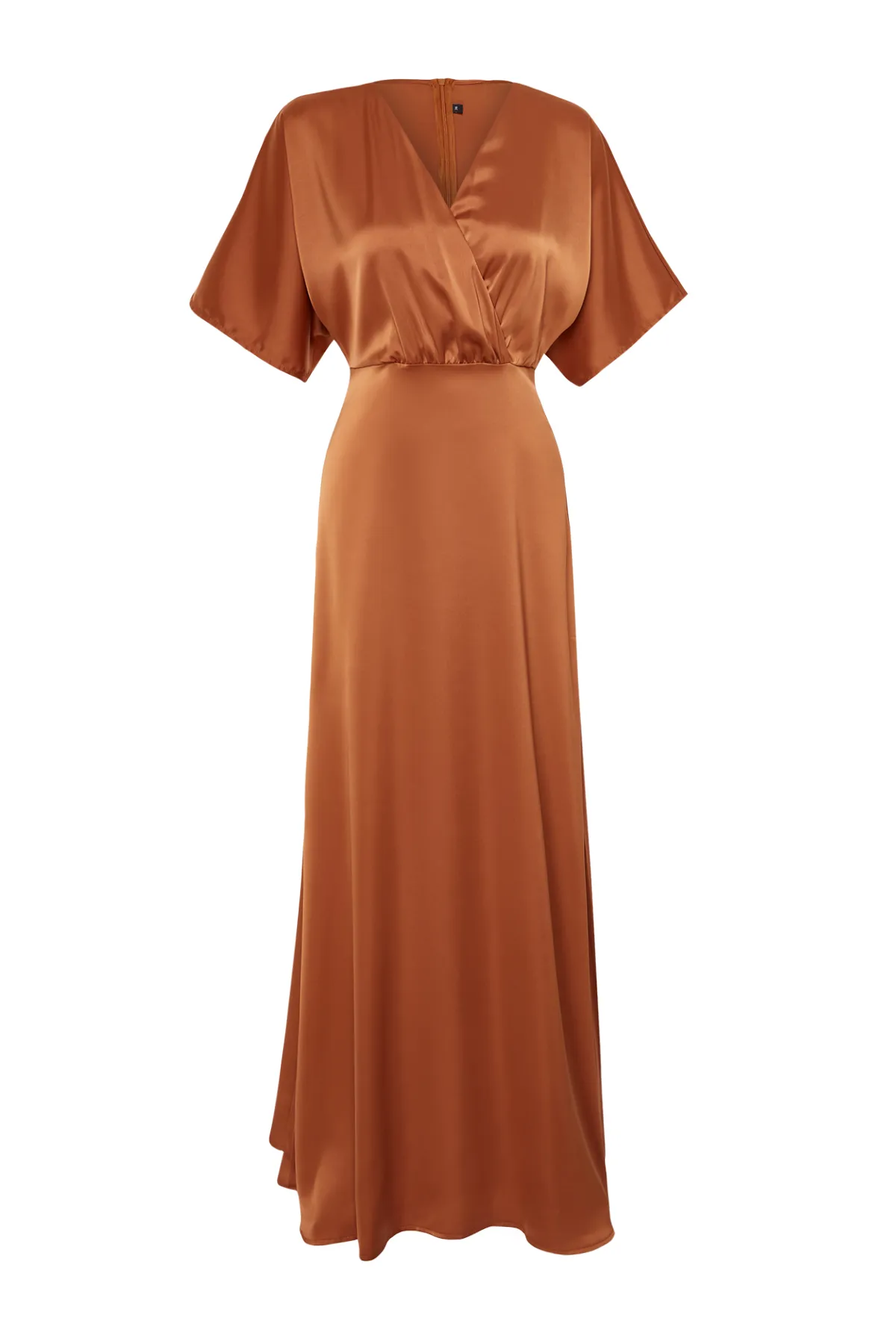 Trendyol Collection  Braunes Abendkleid mit Taillenöffnung/Skater-Webstoff, langes Nachtsatin TPRSS24AE00008