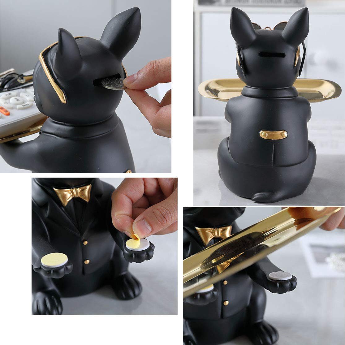 Haiaveng Tierfigur Coole Bulldoggen-Skulptur mit Edelstahltablett Französische Statue