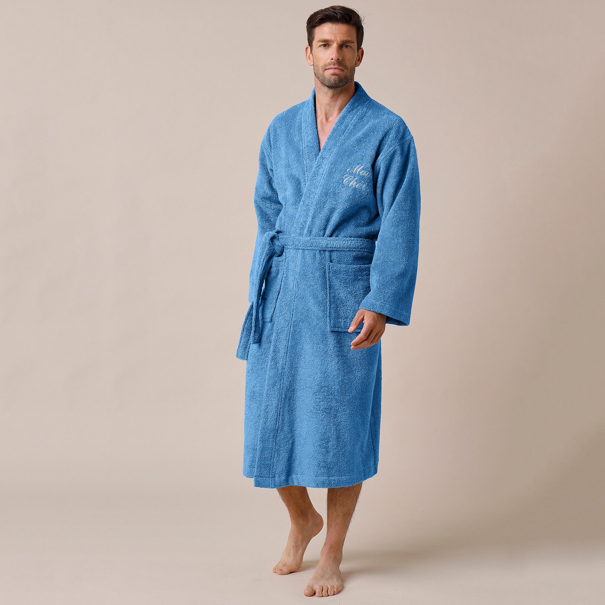 Peignoir mixte adulte uni coton éponge bouclette col kimono personnalisé