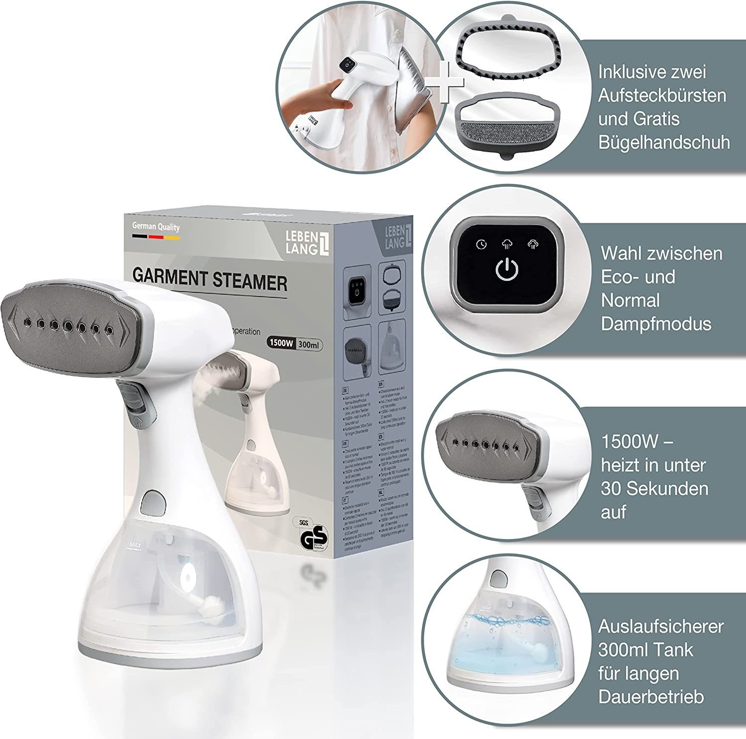 Lebenlang Dampfbügeleisen Steamer Dampfglätter LCD Hand Dampfbürste Reisebügeleisen für Hemden, 1500,00 W, 1500W, <30 Sekunden Aufheizen, Bügelhandschuh, 300ml Tank