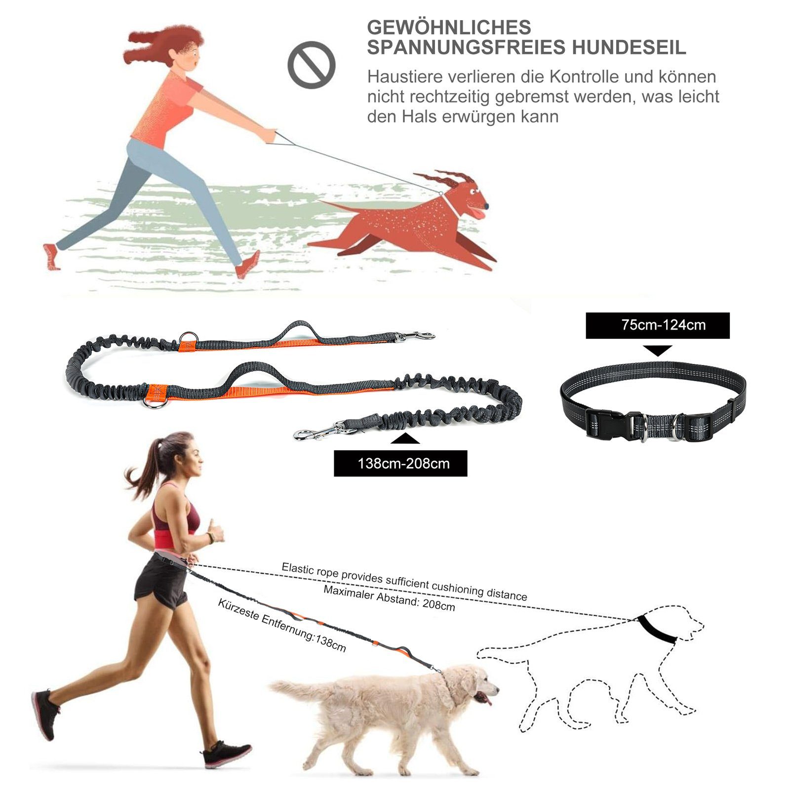 CALIYO Führleine Handfreie Hundeleine, Hundegürtel,Taillengürtel, Hundeleine, Koppler, Gürtel mit einziehbarem Bungee, reflektierende