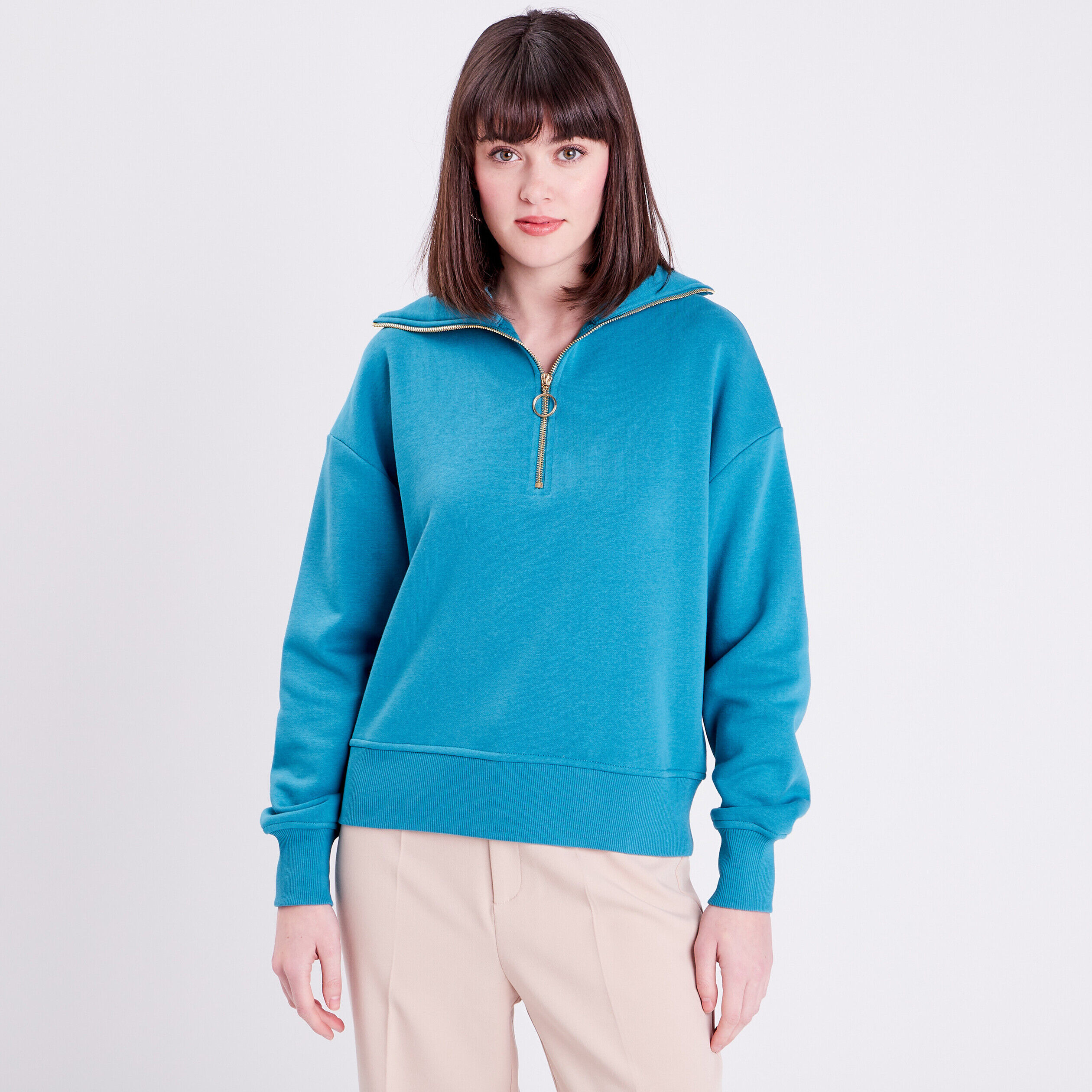 Sweat à col montant avec zip bleu canard femme | Cache Cache