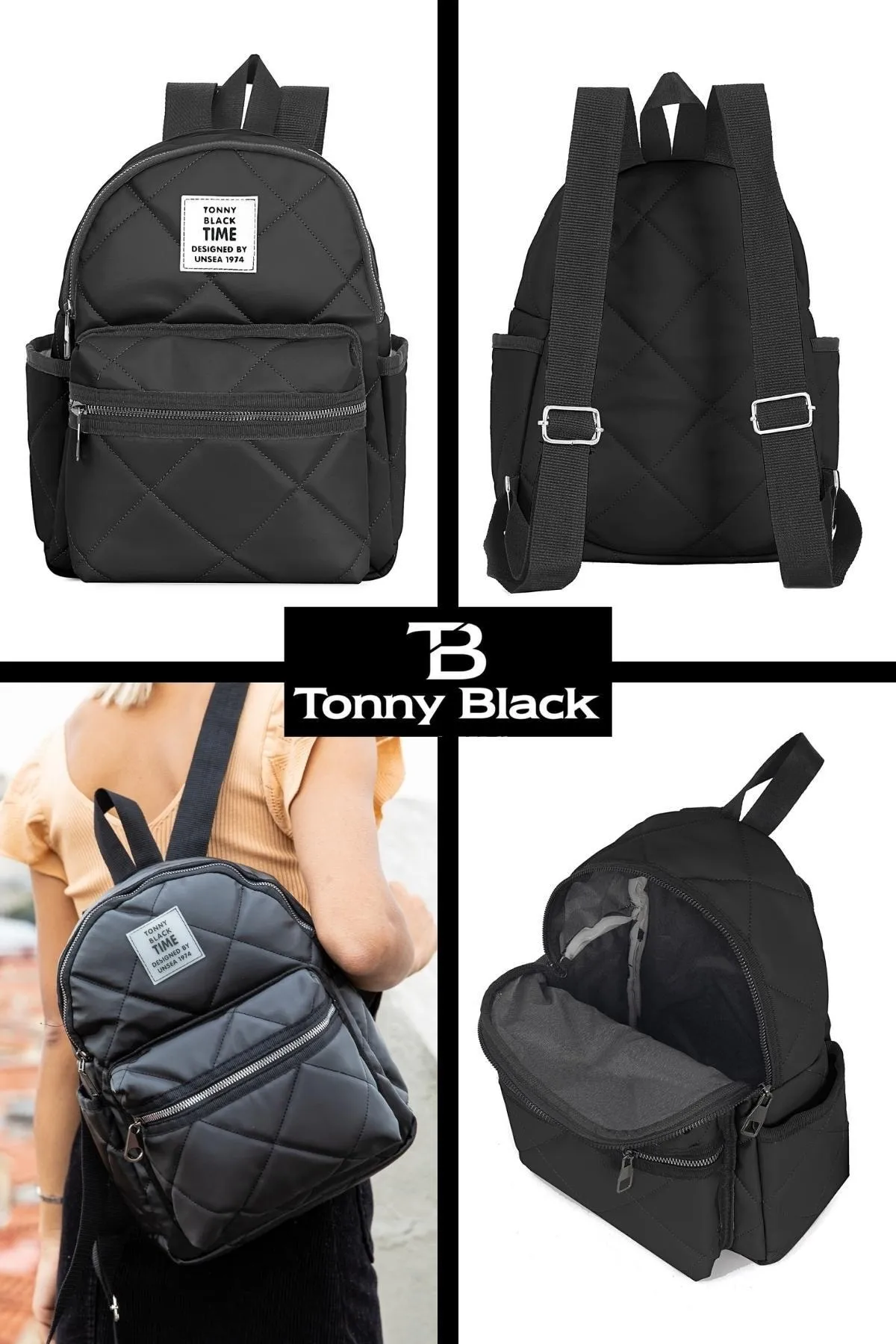 Tonny Black  Original Damen-Rucksack mit großem Volumen, Komfortmodell, 4 Fächer, für Reisen, Schule, Sport und den täglichen Gebrauch