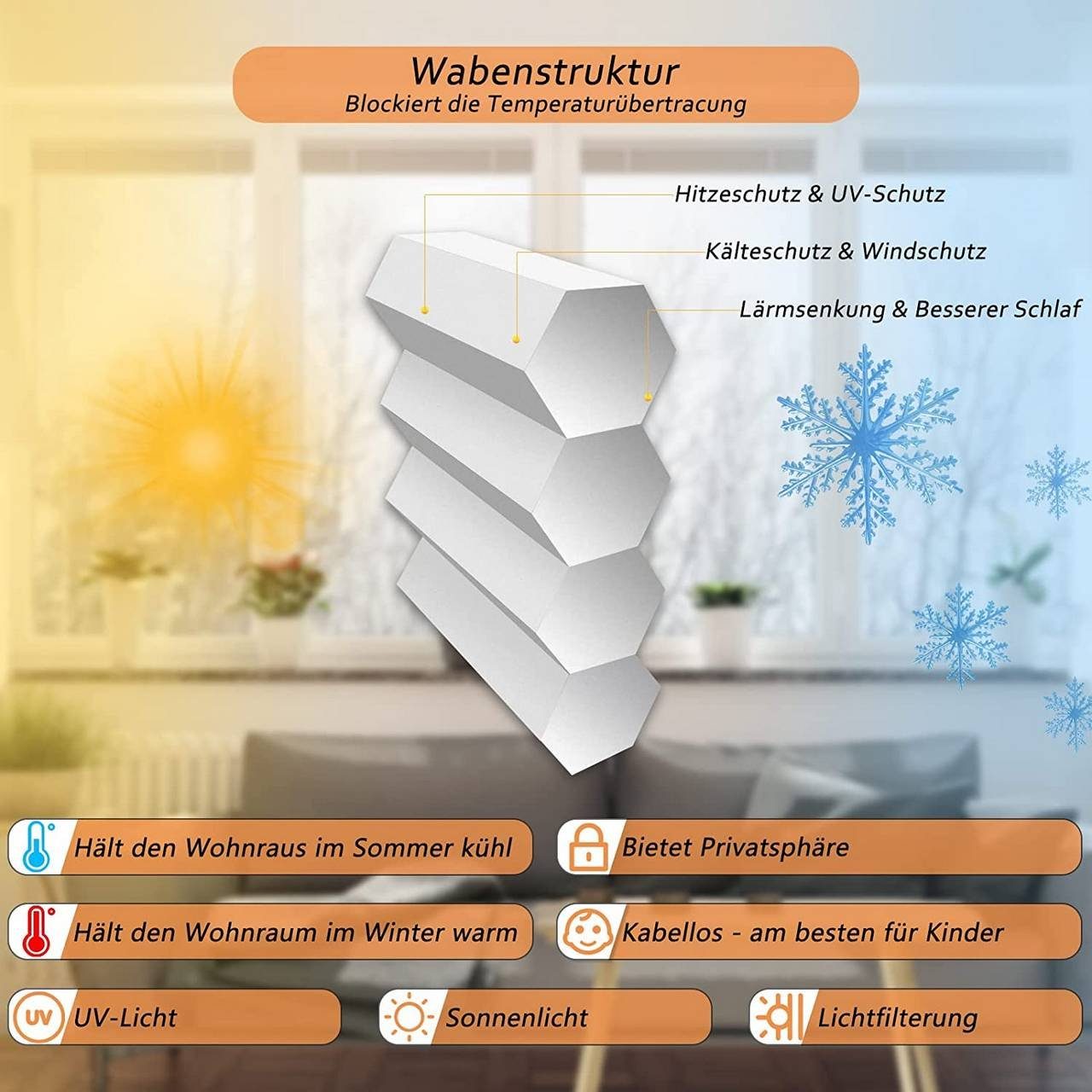 Wabenplissee, EUGAD, verdunkelnd, verspannt, Klemmfix, Beige-Weiß