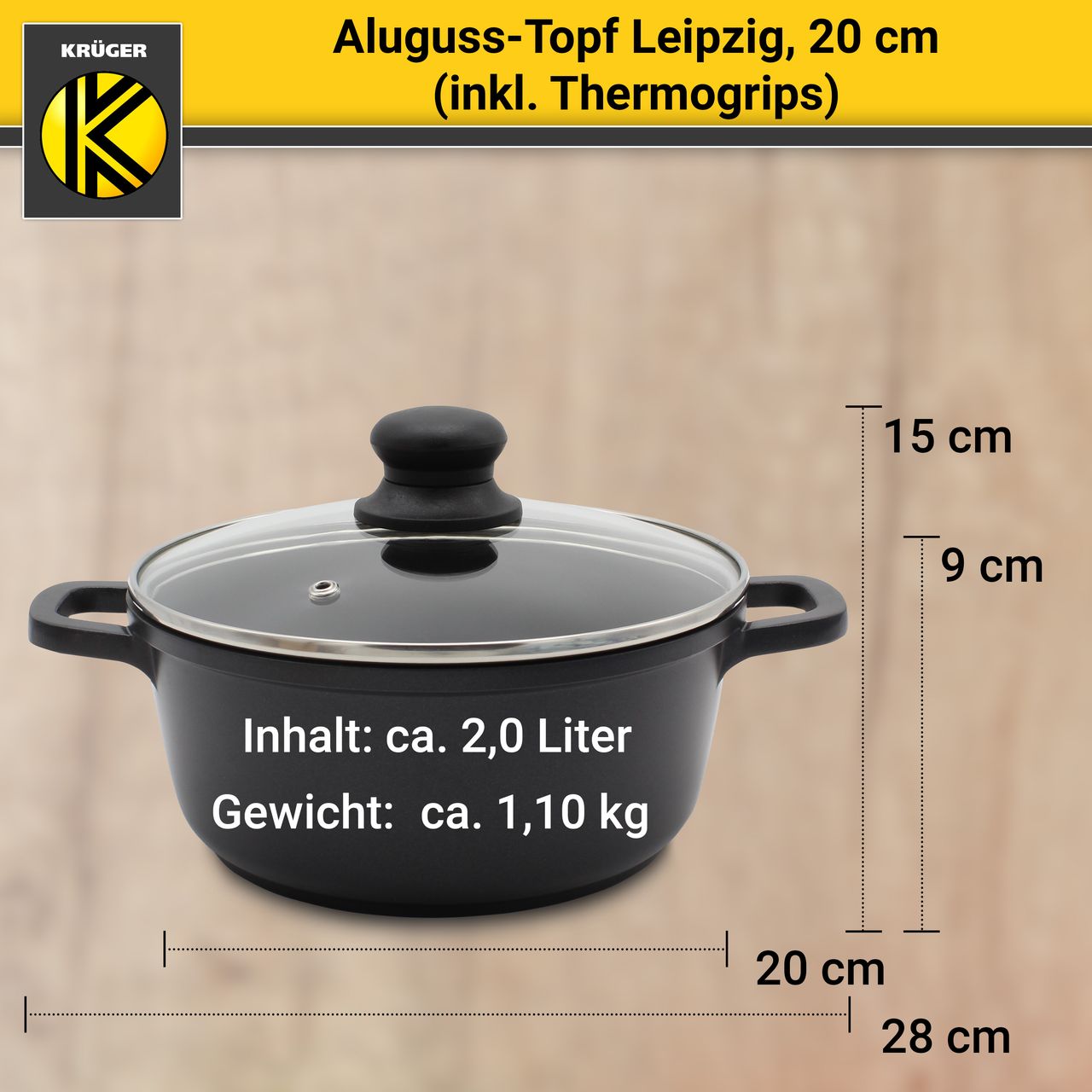 Karl Krüger Aluguss Fleischtopf LEIPZIG mit Deckel, 20 cm