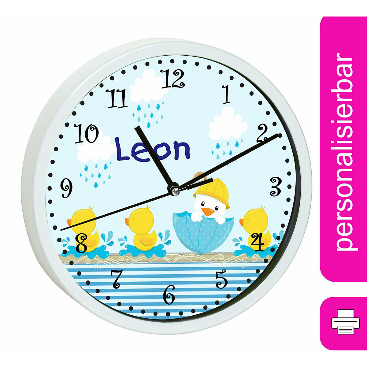 Kinder Wanduhr laufruhig personalisiert mit Name Ente