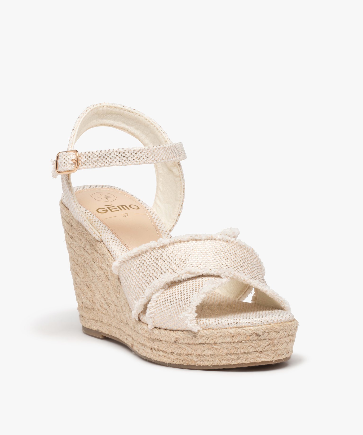 Sandales femme compensées dessus en toile brillante beige | GEMO