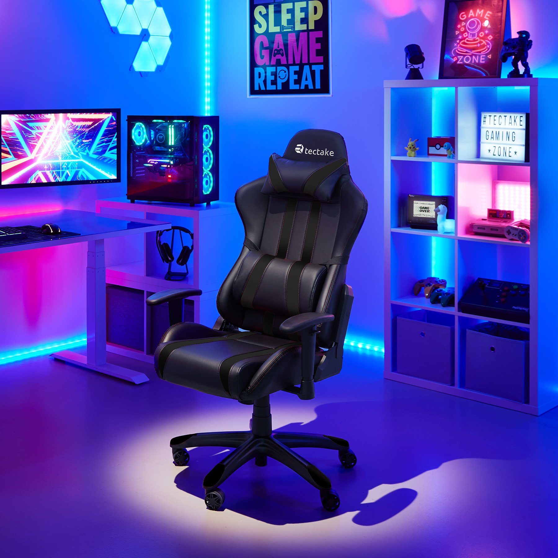 tectake Gaming-Stuhl Premium Racing Bürostuhl mit Streifen (1er, 1 St), Rückenlehne bis 105° verstellbar