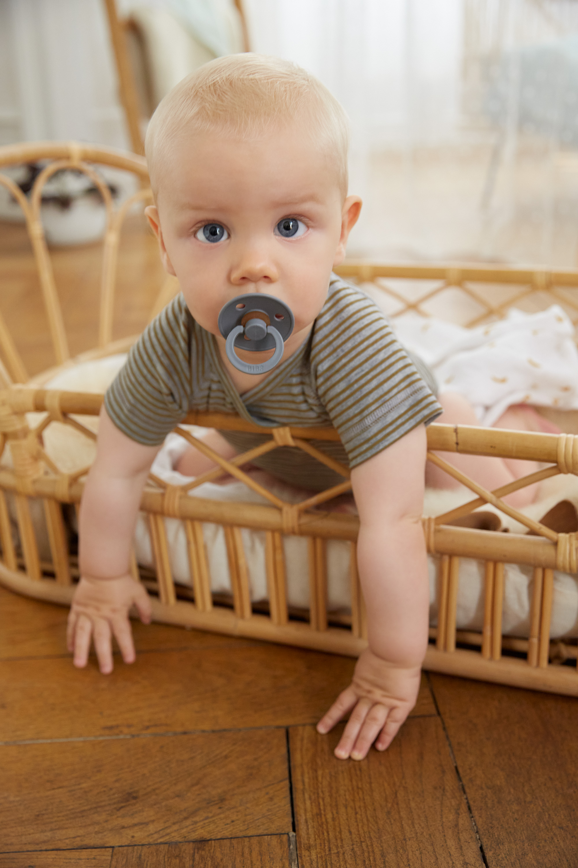 Baby Body kurzarm - Bio Baumwolle, Streifen, Grau meliert