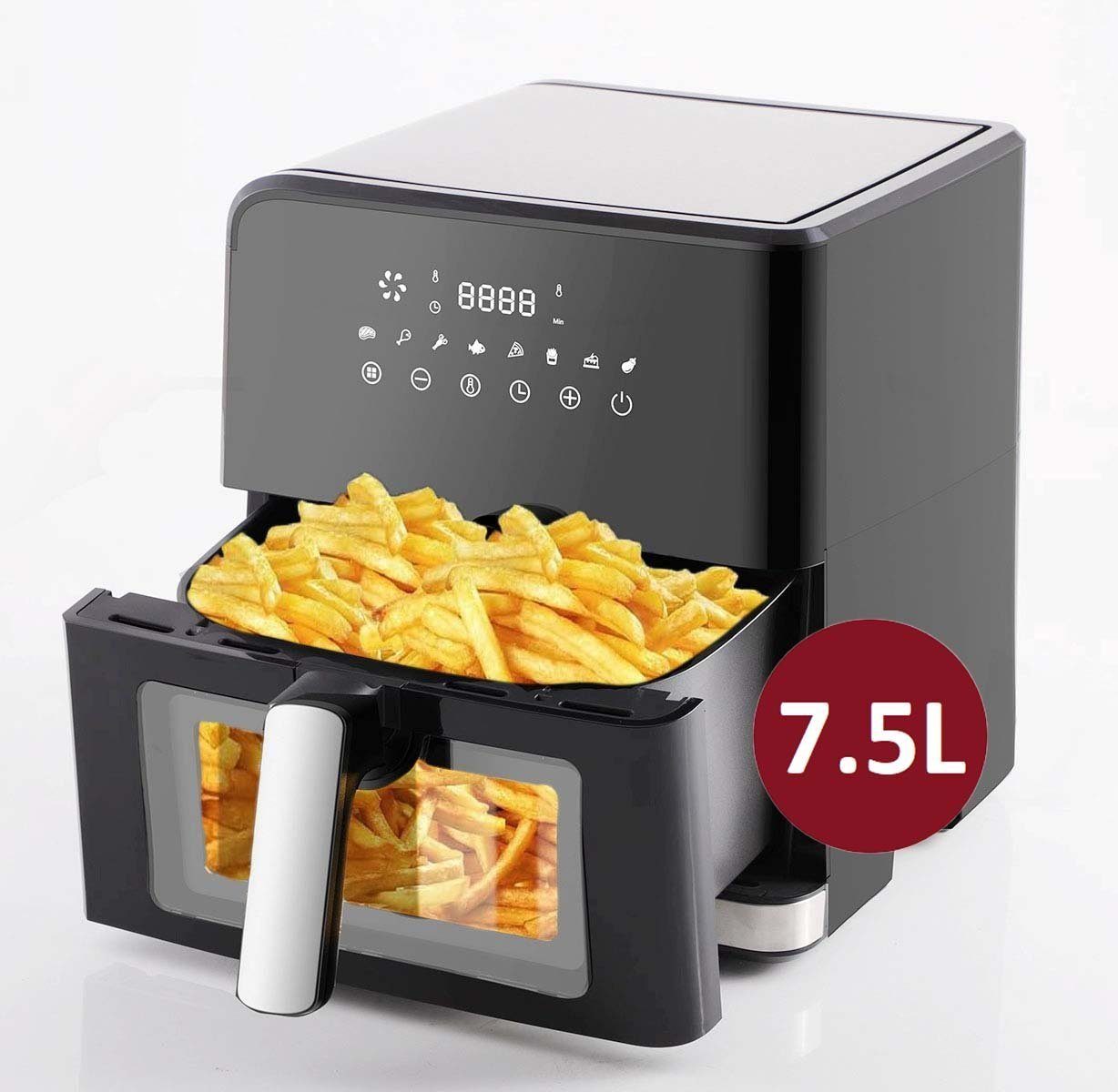 Sinaopus Heißluftfritteuse 7,5L XXL Air fryer, Ohne Öl Heizluft Fritteuse LED Touchscreen, 1700,00 W, Einstellbare Temperaturregelung, Sichtbares Sichtfenster