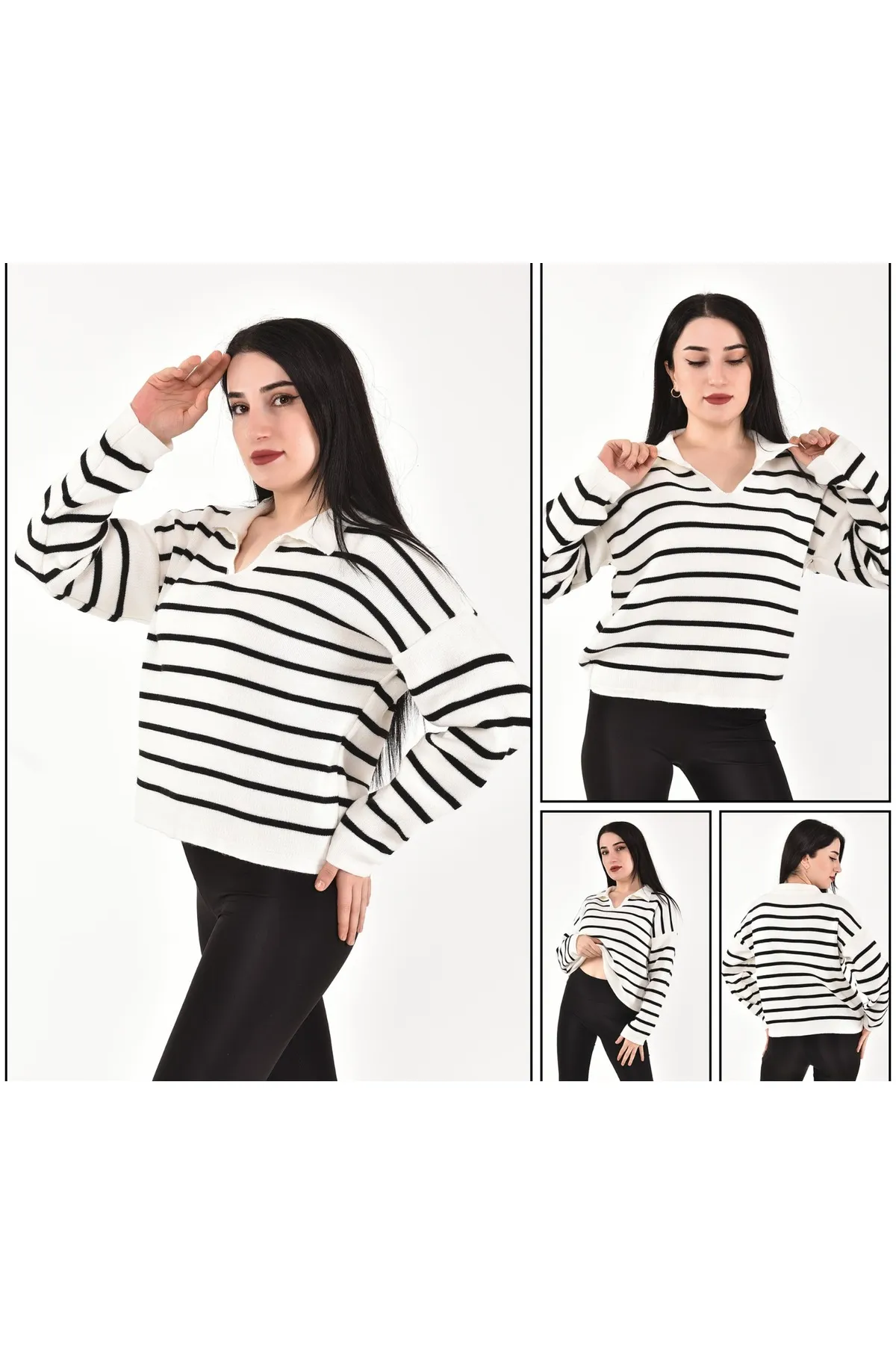 dijimodway  Ecru-schwarz gestreifter Crop-Strickpullover mit Polokragen für Damen