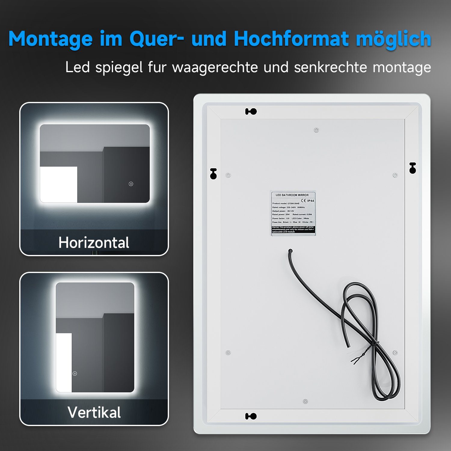 SONNI Badspiegel mit Beleuchtung Led Spiegel 70 x 50 cm mit Touch-Schalter Lichtspiegel, LED Spiegel Kosmetikspiegel Badezimmer Kaltweiß IP44 energiesparend