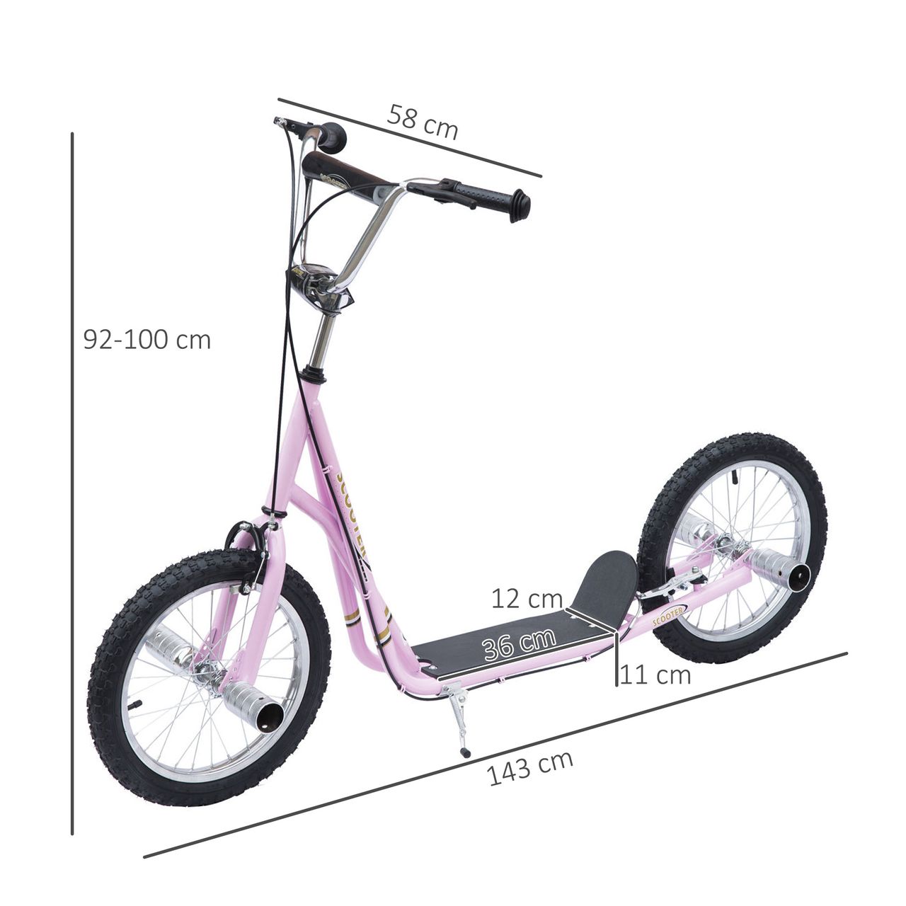 HOMCOM Kinderroller mit Luftreifen Scooter Tretroller Kickboard 16 Zoll Rosa