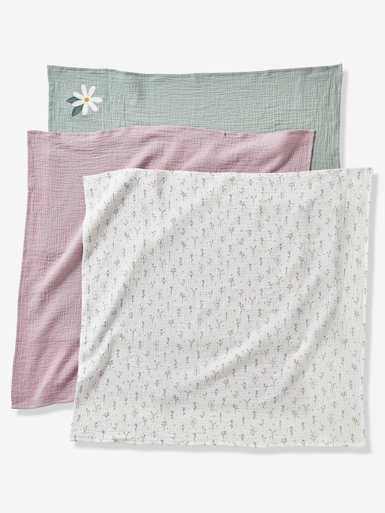 Vertbaudet 3er-Pack Baby Wickeltücher PROVENCE Oeko Tex - violett/wollweiß/grün