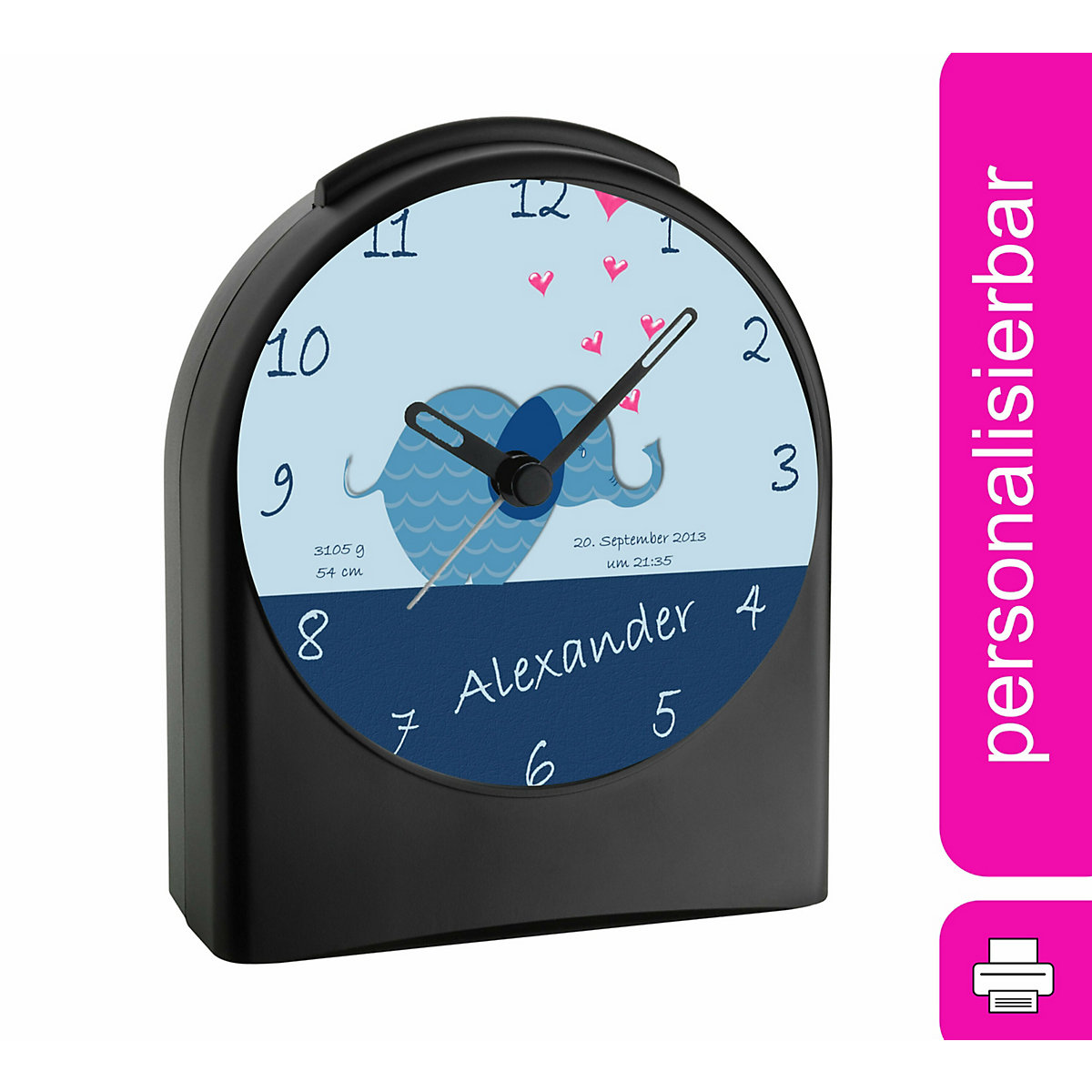 Kinder Funkwecker personalisiert mit Namen Elefefant Atom-/Funkuhr, 12-Stunden-Anzeigeformat, Schlummerfunktion, Nachtlicht, Geräuschlos/Ohne Ticken