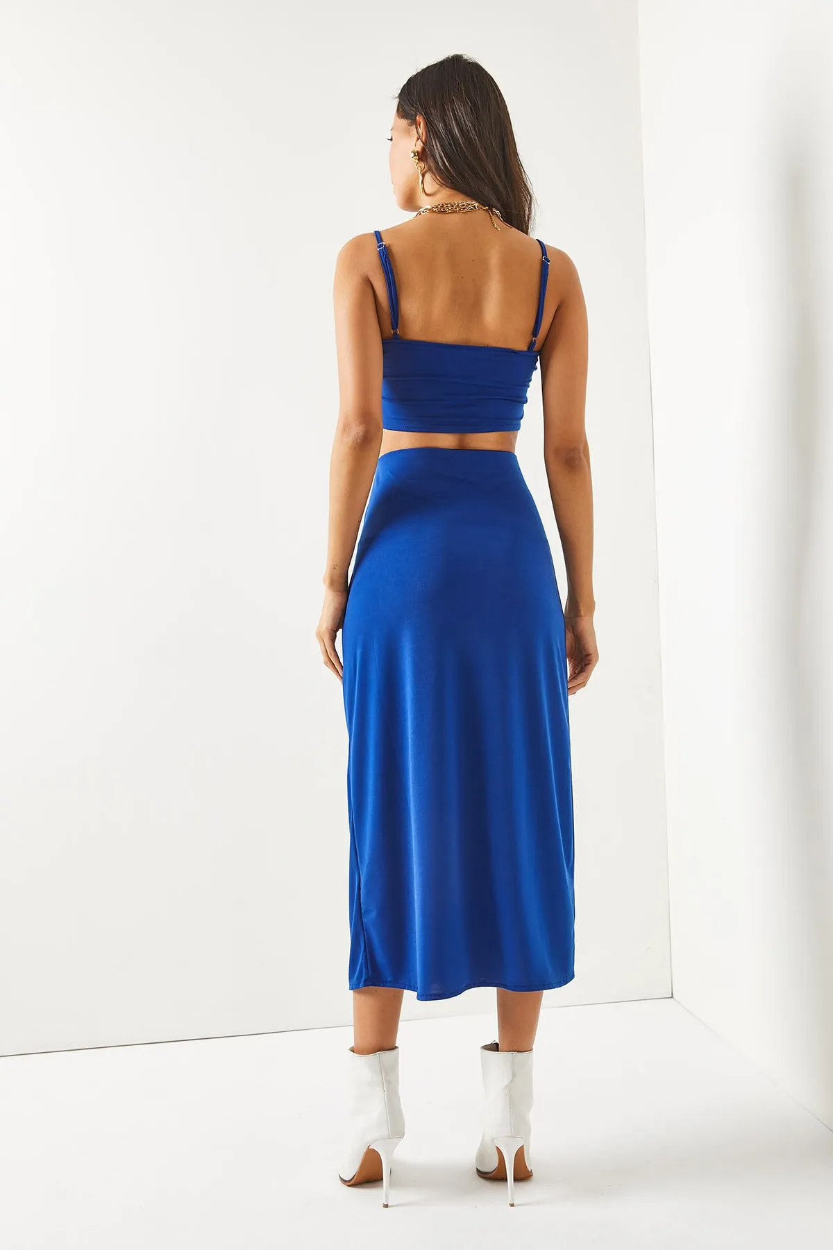 Olalook  Damen Saks Blau Träger Bustier Schlitzrock Sandy Set TKM-19000183