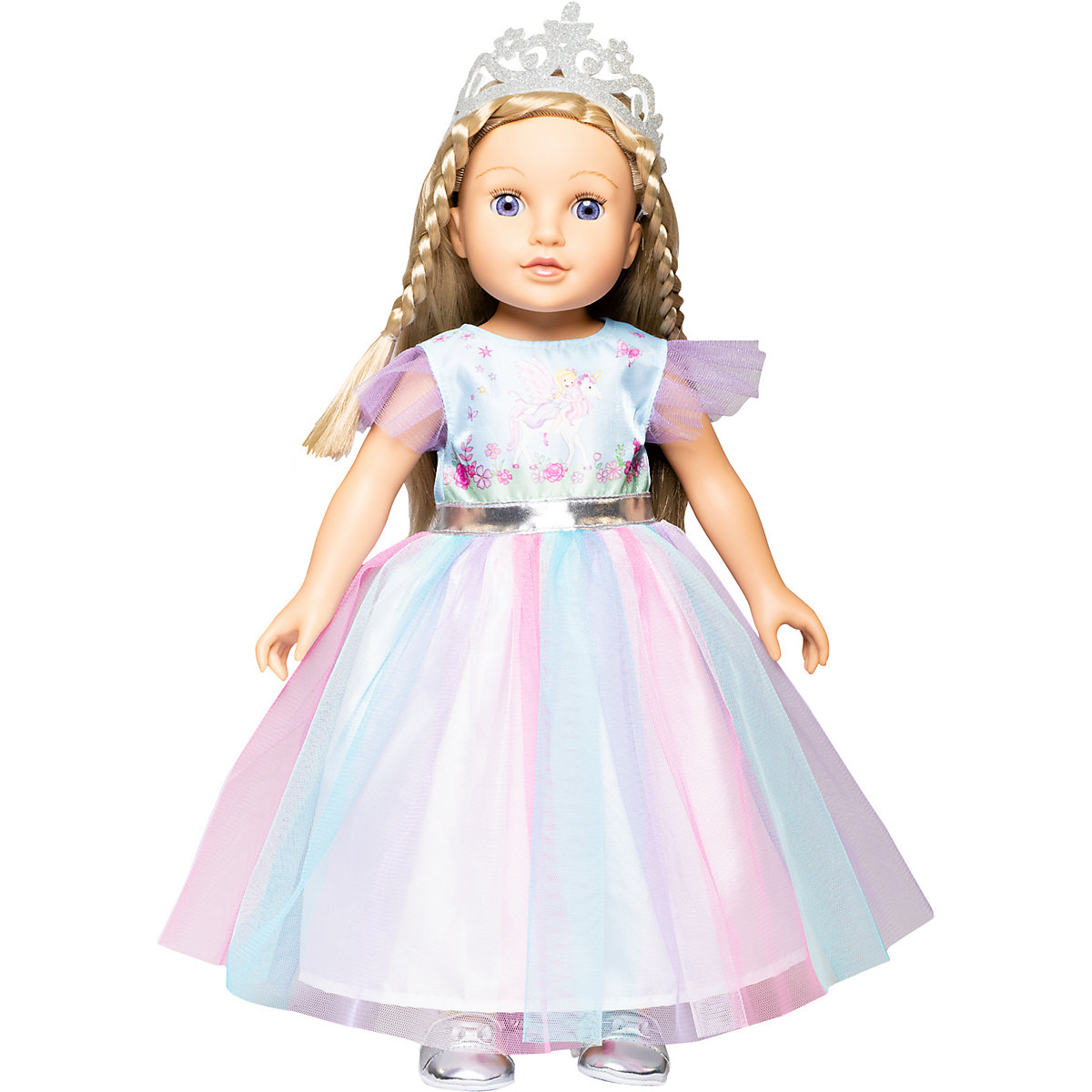 Puppen-Prinzessinnenkleid Fee und Einhorn mit silberner Krone, Gr. 28-35 cm