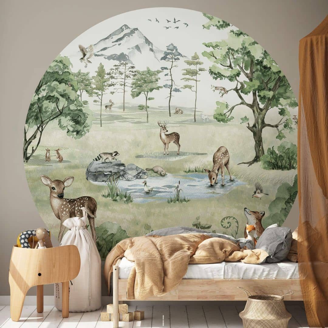K&L Wall Art Fototapete Fototapete Baby Kinderzimmer Waldtiere Reh Hirsch Wald Vliestapete rund, große Kinder Motivtapete