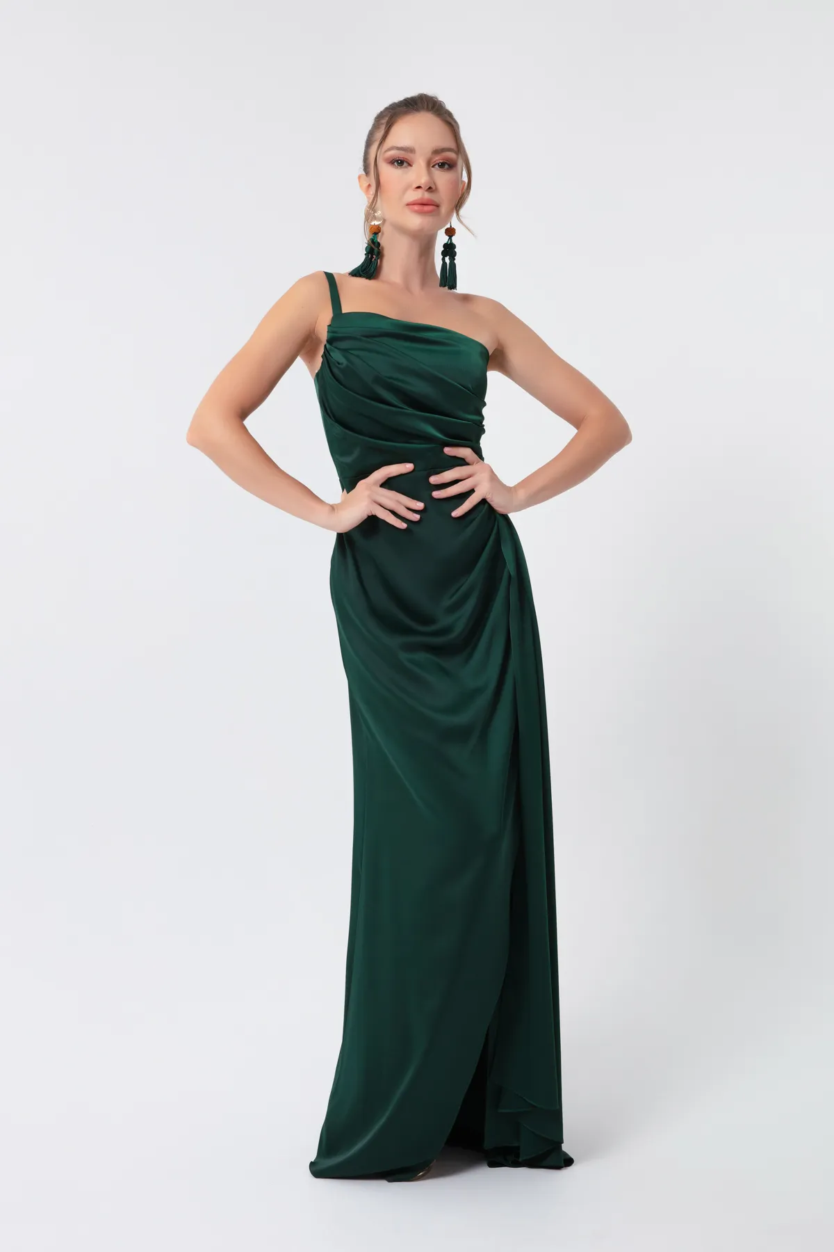 Lafaba  Smaragdgrünes One-Shoulder-Satin-Abend- und Abschlusskleid für Damen