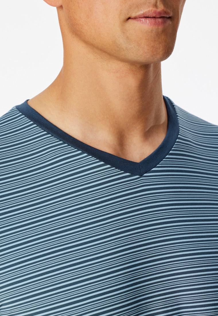 Schlafanzug kurz Ringel V-Ausschnitt jeansblau - Long Life Soft