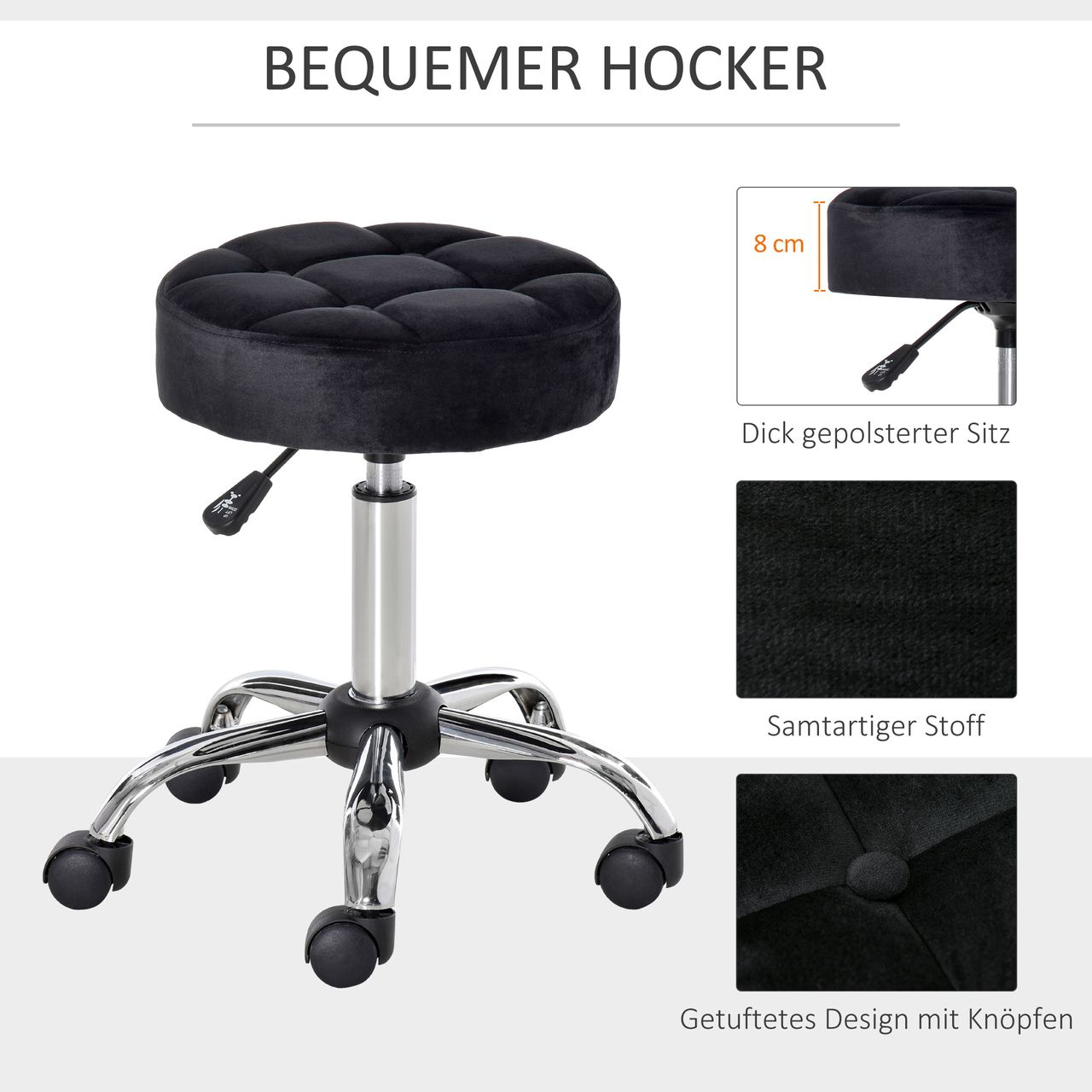 HOMCOM Salonstuhl Höhenverstellhocker Salon Hocker Samt-Gewebe Schwarz