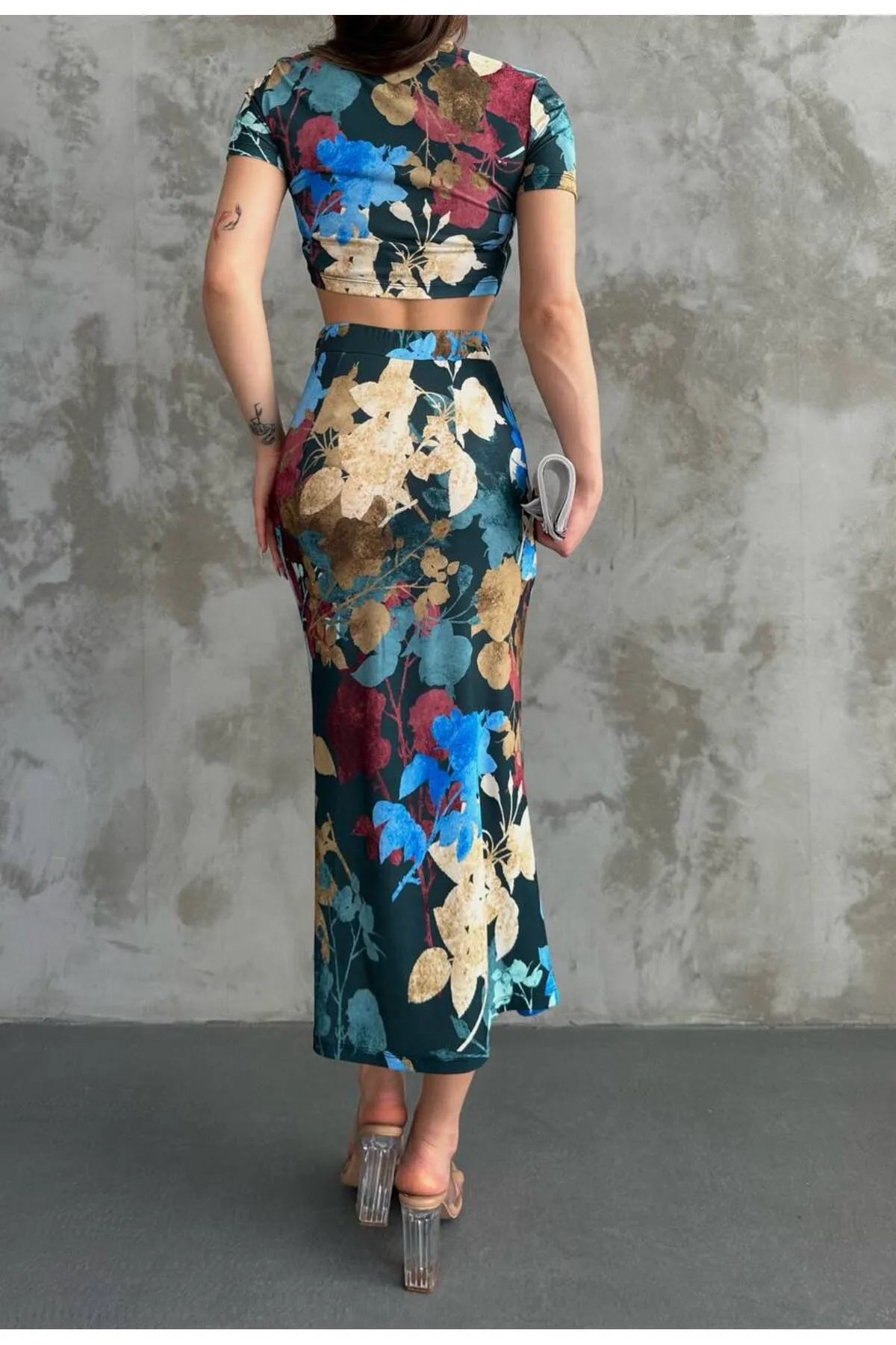BİKELİFE  Damen-Doppelset mit Bustierrock und Schlitz und Blumenmuster