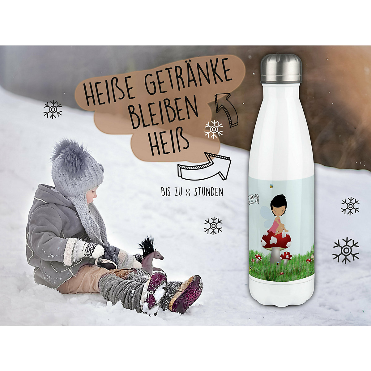 Edelstahl Kinder Thermoflasche / Trinkflasche bunt Waldfee Spülmaschinenfest, Auslaufsicher, Bruchfest, Doppelwandig, Für Heißgetränke geeignet, Mit Deckel, Isoliert