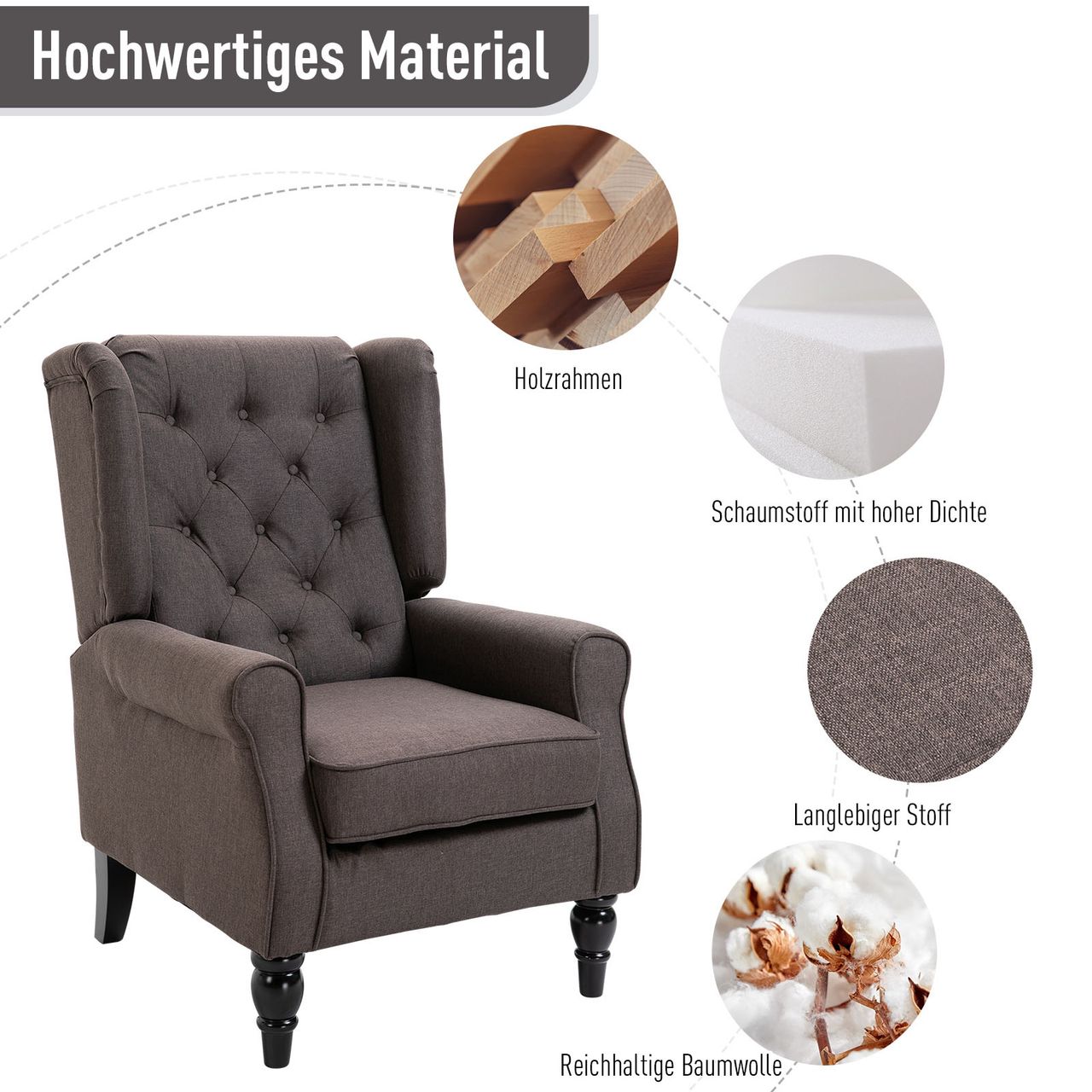HOMCOM Einzelsessel Relaxsessel Einzelstuhl mit Tufting Holzfüße Polyester Braun 76 x 86 x 108 cm