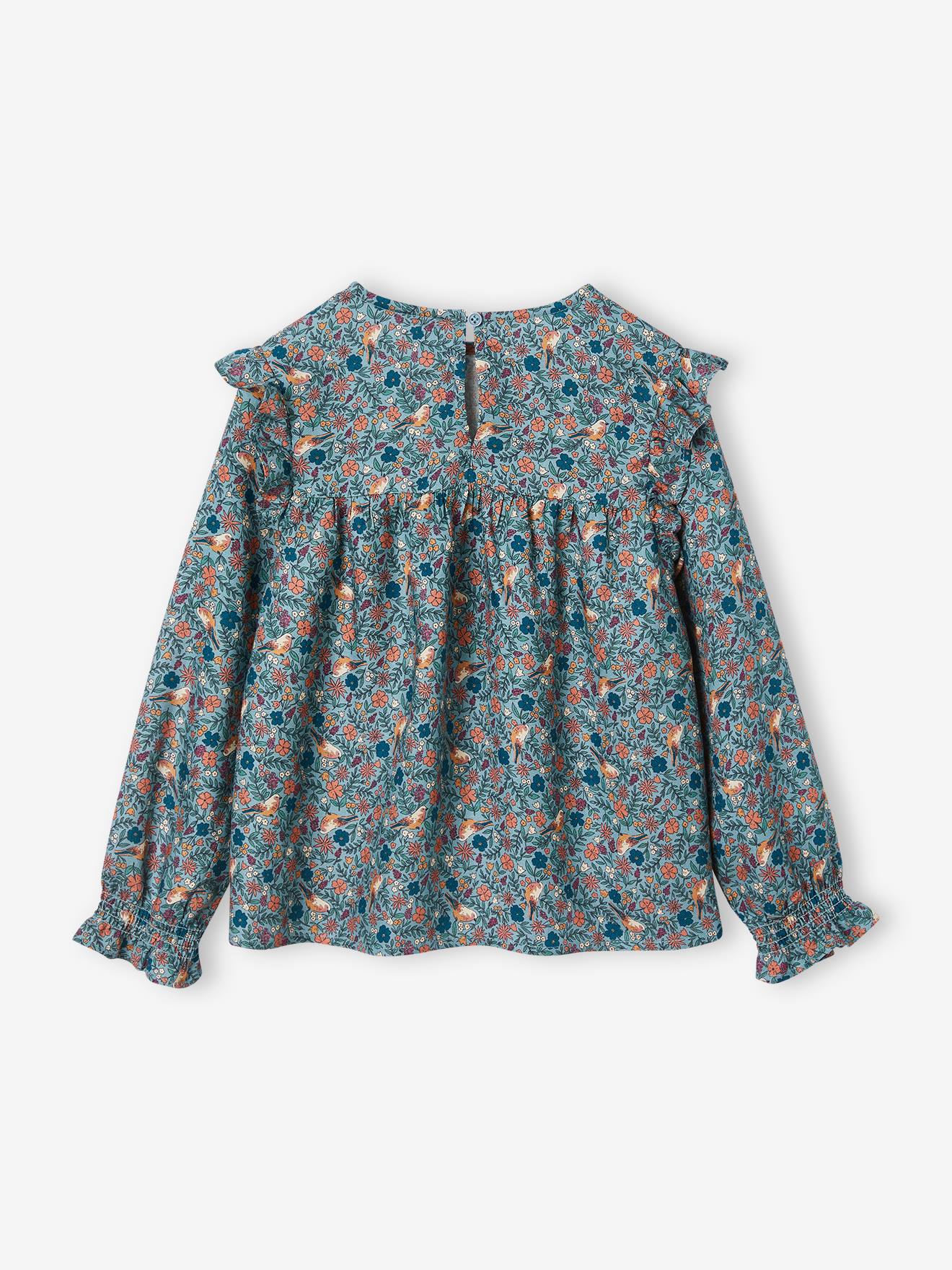 Blouse fleurie fille manches volantées bleu grisé