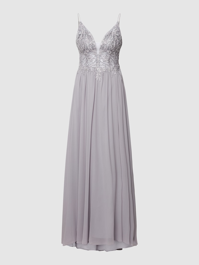 Abendkleid mit floralen Stickereien in silber