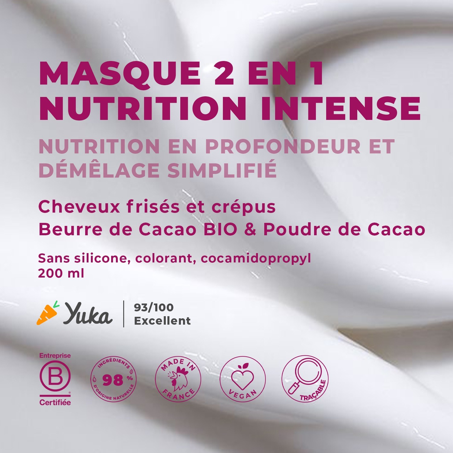 „Energie Fruit 2-in-1 Nutri Frizz“ kaukė garbanotiems ir pasišiaušusiems plaukams – be silikono – su ekologišku kakavos sviestu ir kakavos milteliais