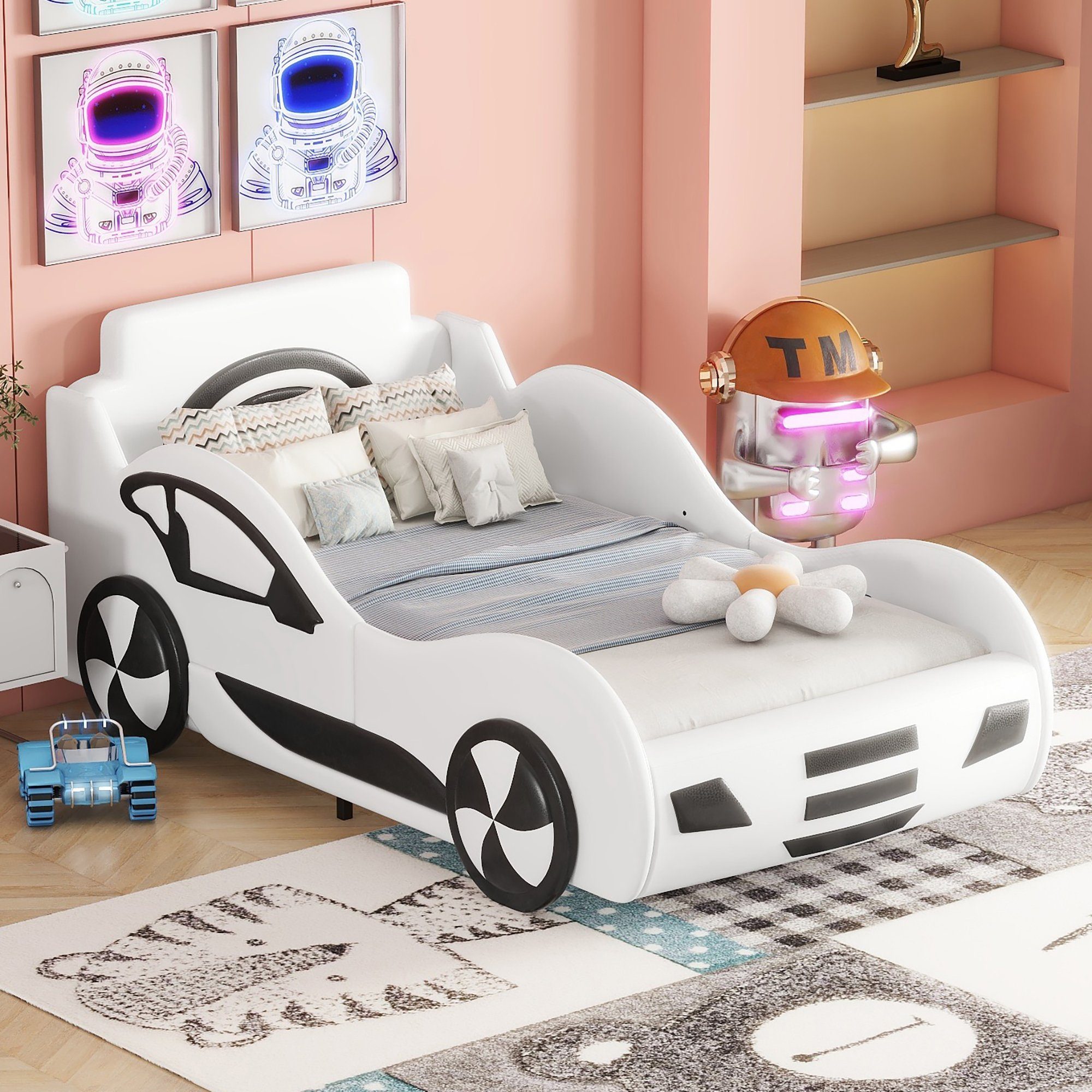 OKWISH Kinderbett Flachbett, Modell Autobett, Autobett, Gästebett (90x200cm, mit Unterbettstauraum), ohne Matratze