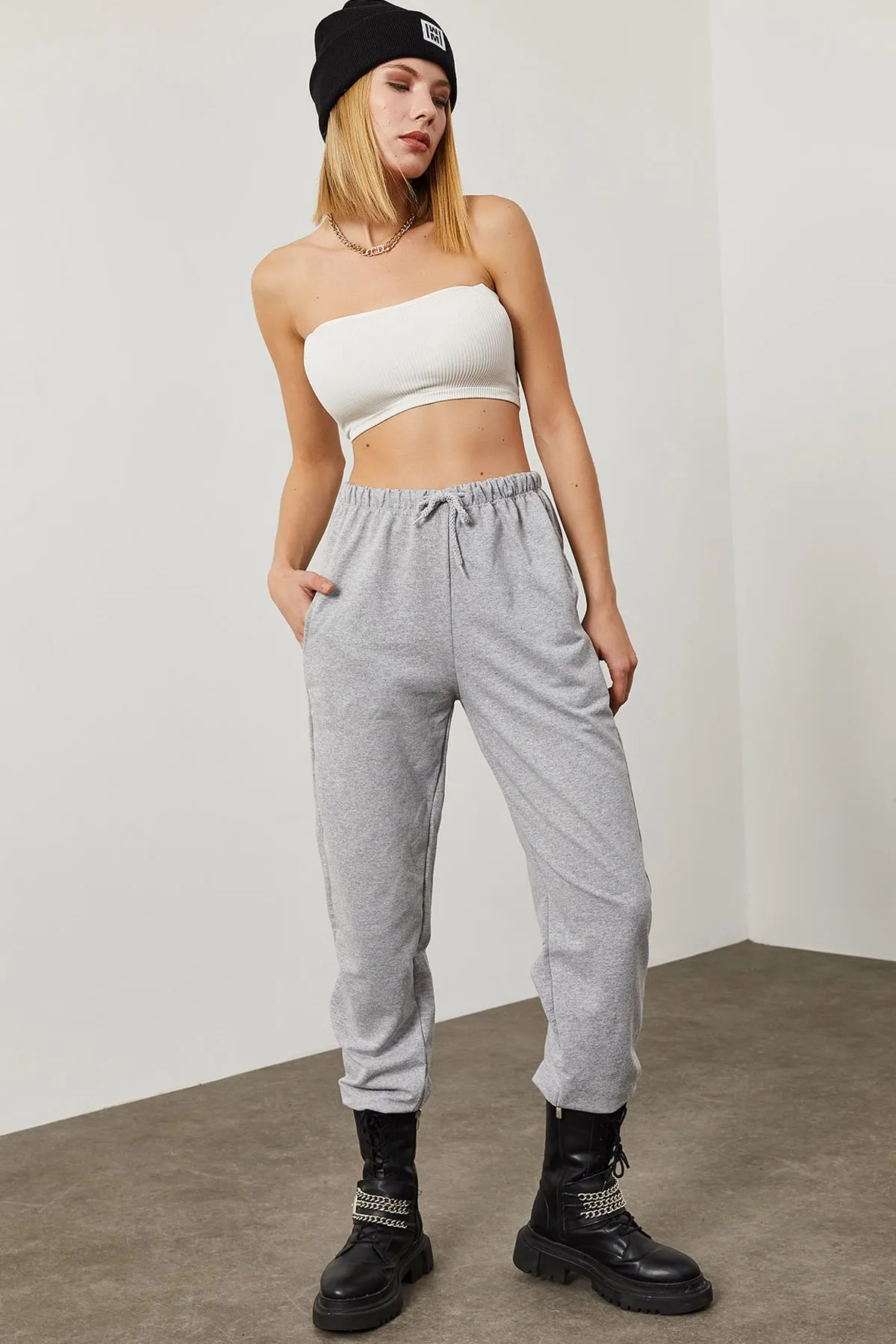 XHAN  Graue Damen-Jogginghose mit Schnürung 0YZK8-10365