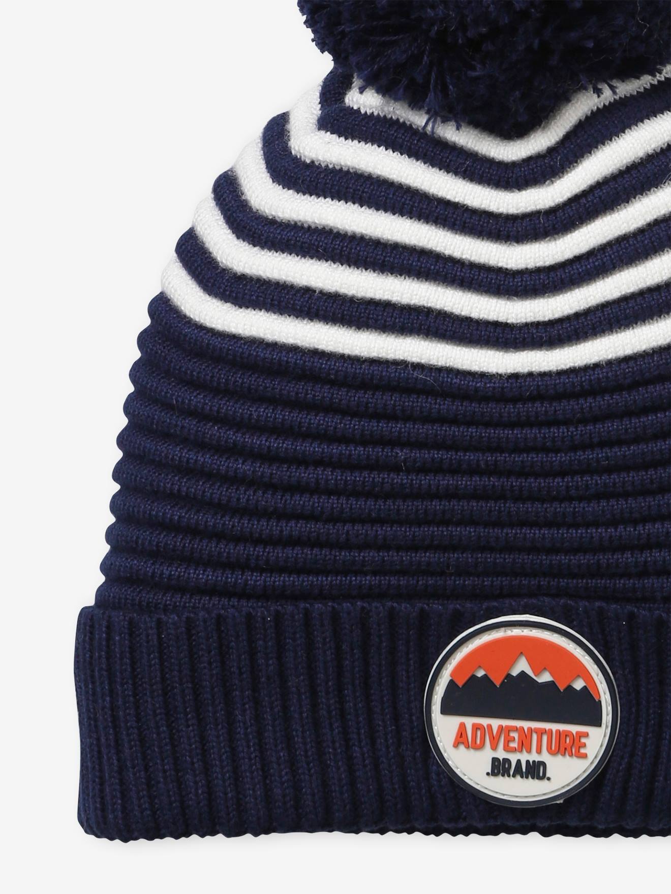 Bonnet garçon rayé en maille bleu