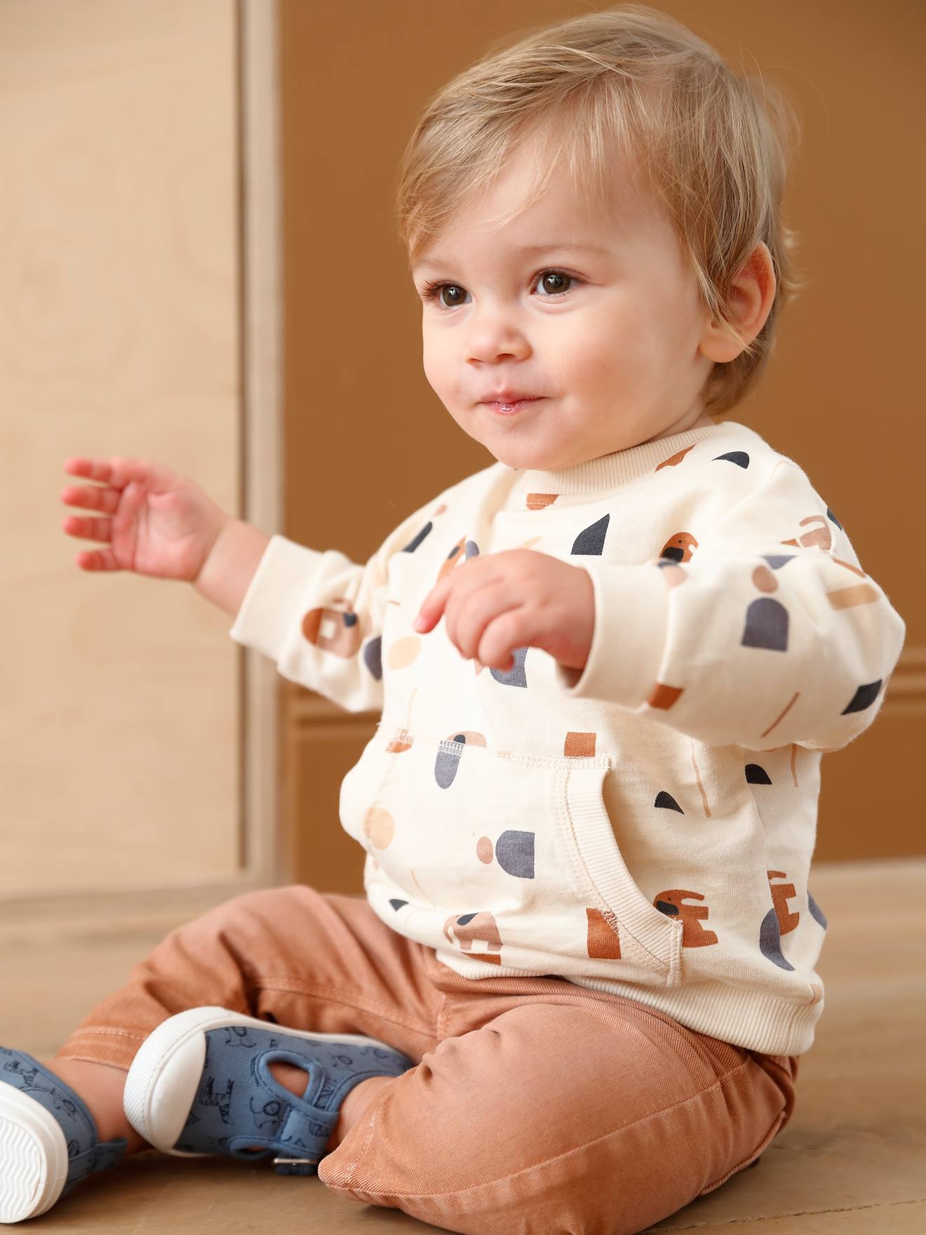 Vertbaudet Baby Sweatshirt mit Kängurutasche Oeko-Tex - hellbeige bedruckt