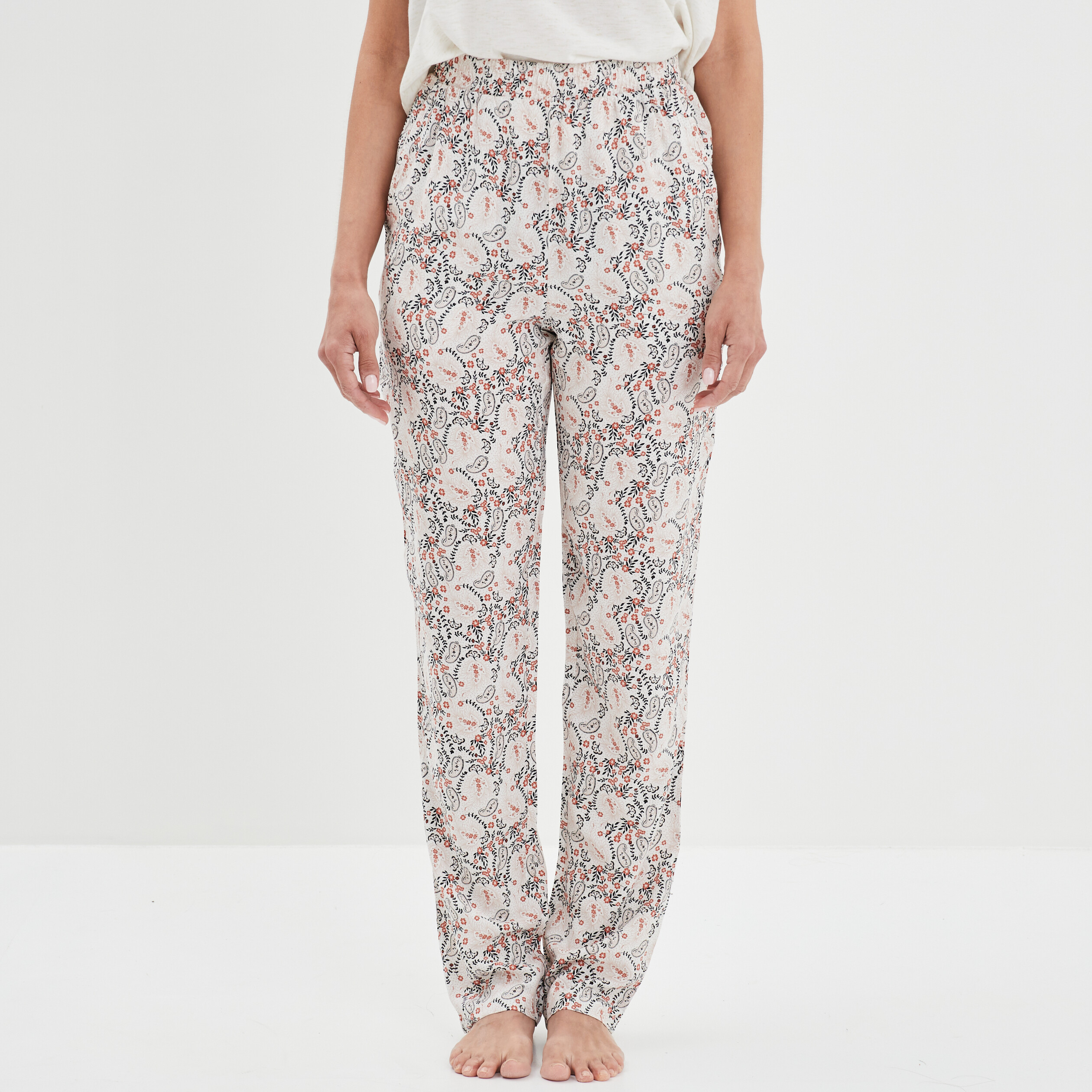 Pantalon de pyjama fluide taille haute beige femme | La Halle