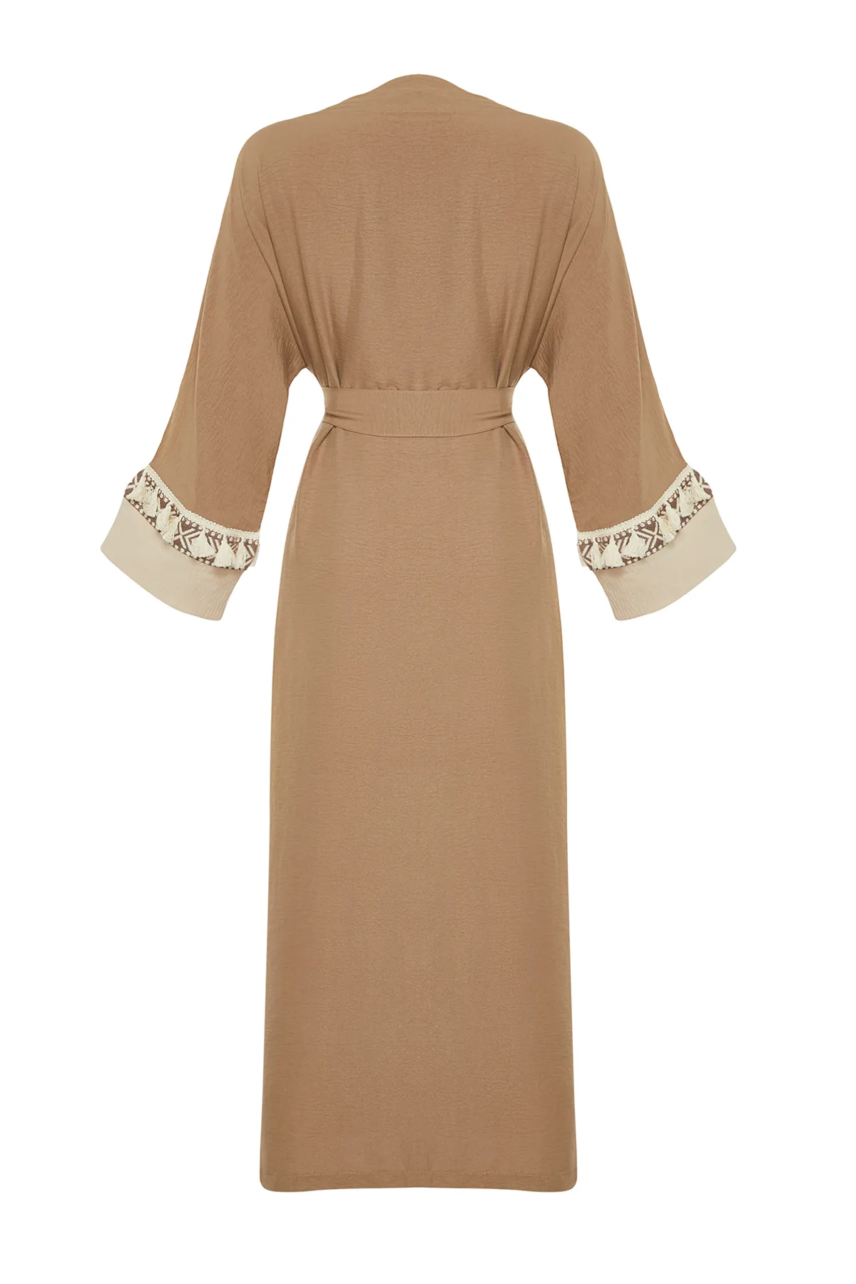Trendyol Modest  Brauner Brode-Kimono mit Gürtel und detailliertem Crinkle-Gewebe, Kaftan und Abaya TCTSS24KF00007