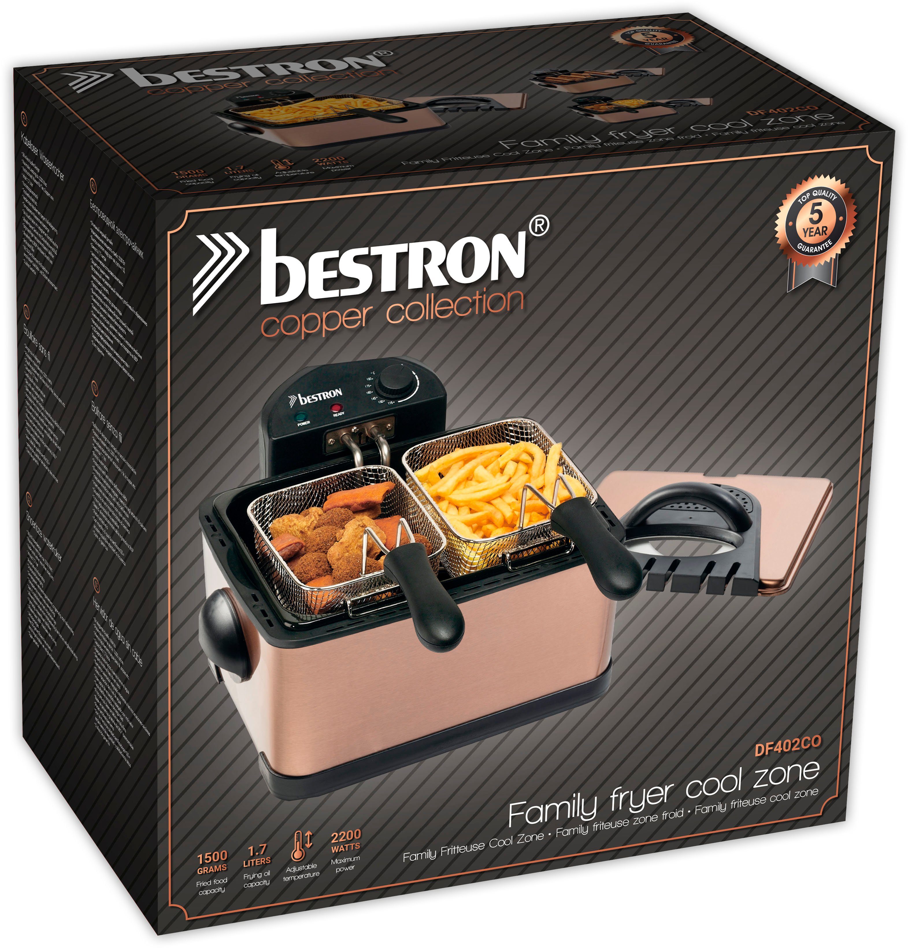 bestron Fritteuse DF402CO XL, 2000 W, 3 Körben, Kaltzonentechnologie, Ölbehälter herausnehmbar, 4 L