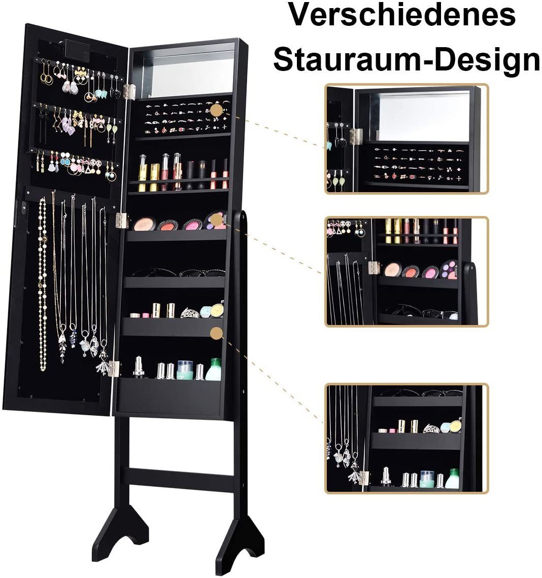 COSTWAY Schmuckschrank stehend, mit LED und Spiegel, neigbar, 35×31,5x145cm