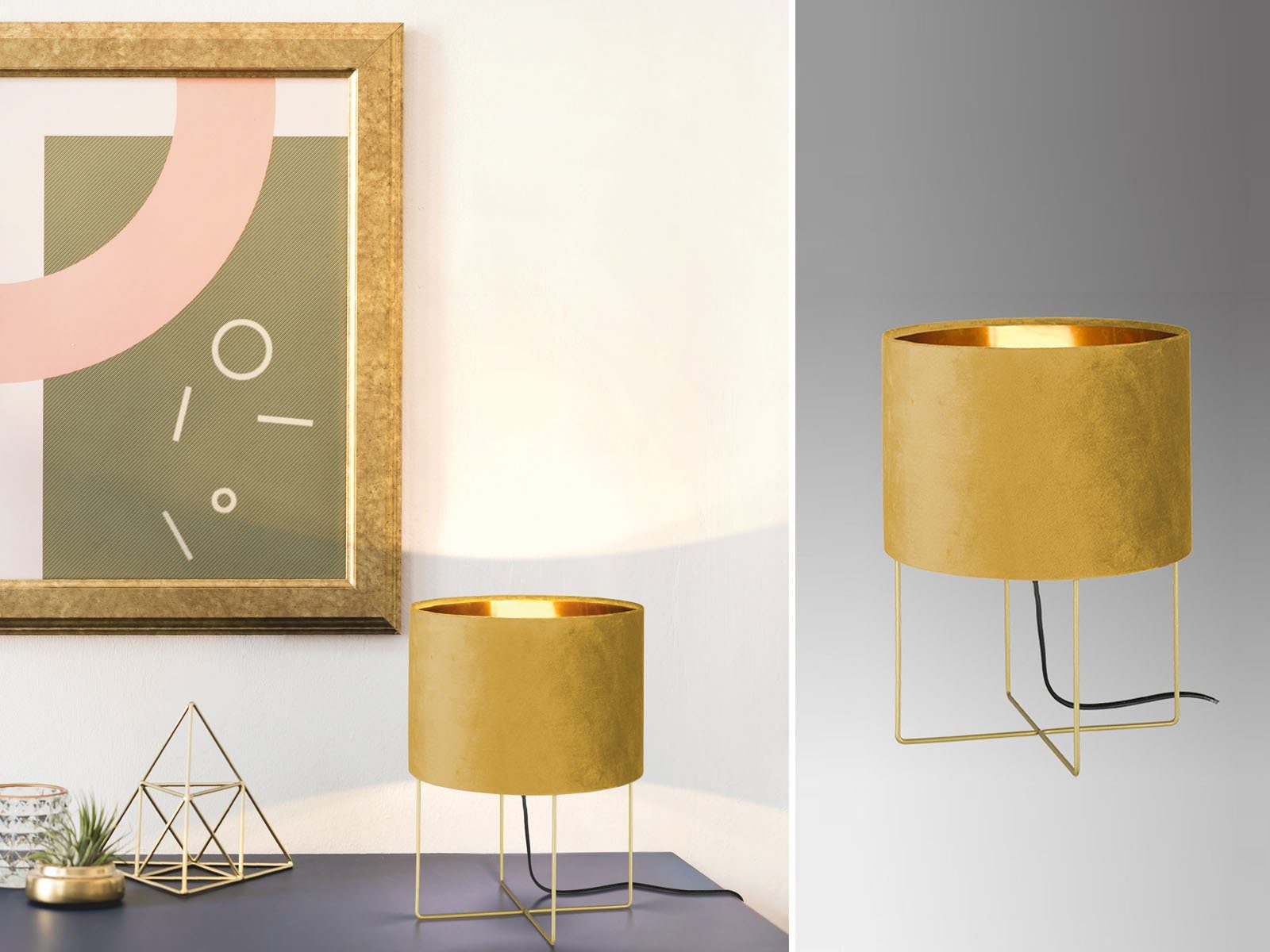 meineWunschleuchte LED Nachttischlampe, Dimmfunktion, LED wechselbar, Warmweiß, ausgefallen-e Design-er mit Samt Lampenschirm Gelb Gold-en, H: 32cm