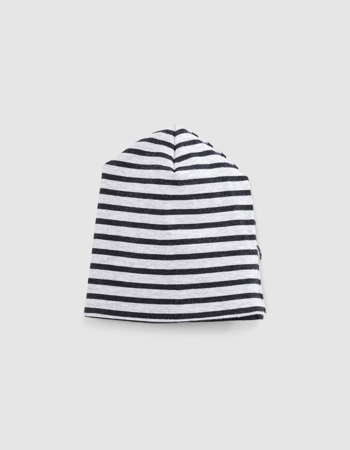 Bonnet réversible gris chiné et rayé coton bio bébé